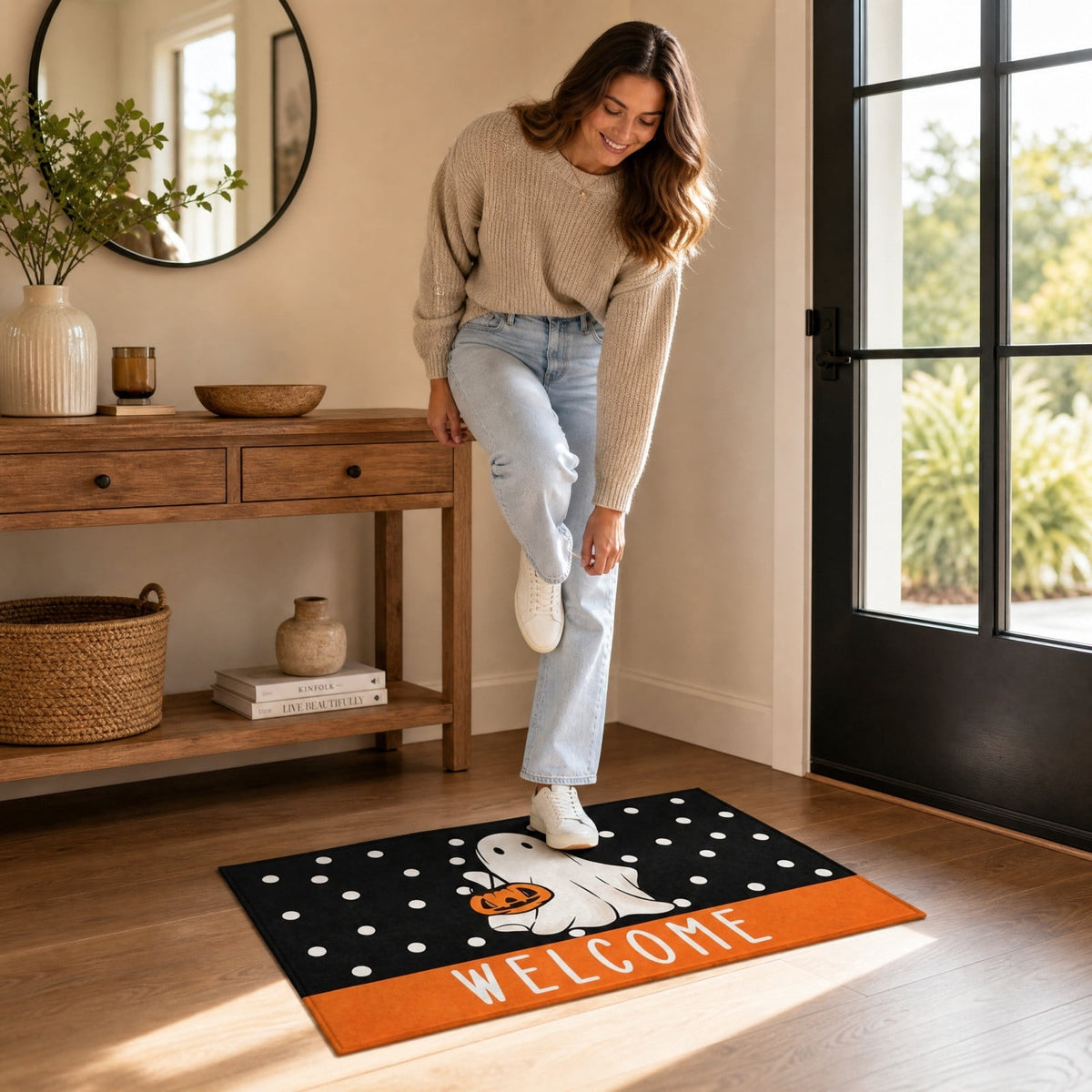 Halloween Ghost Welcome Printed Doormat, Entrance Rug with Skidproof Rubber Backing for Halloween Front Porch Entryway Indoor Outdoor Decor,50x80cm