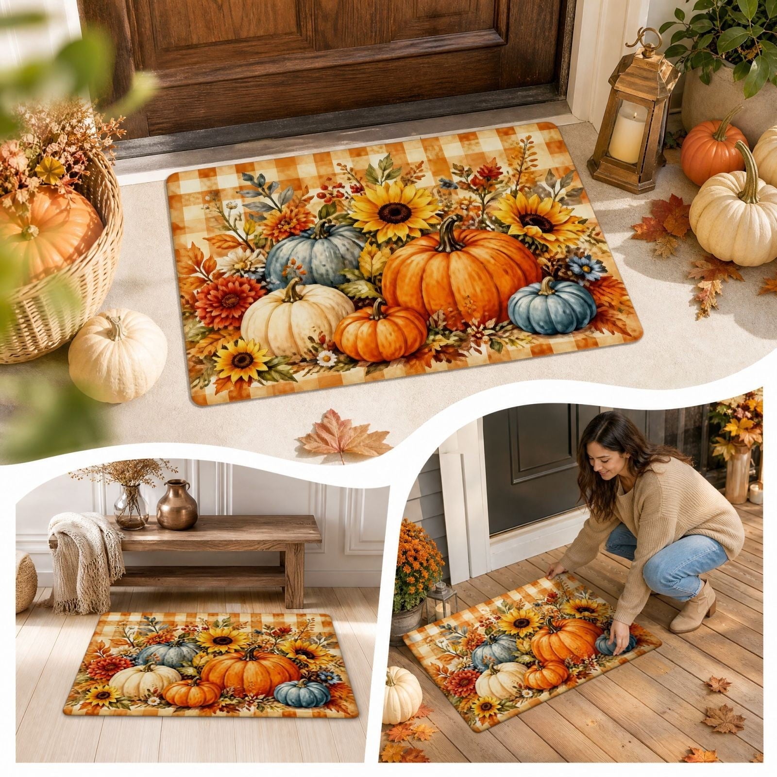 syligr Halloween Thanksgiving Doormat with Maple Leaf & Pumpkin Patterns - Non-Slip Floor Mat for Entryway, Kitchen, Porch, Fall Harvest Decor Rug with Anti-Fatigue Backing, Gift for Thanksgiving