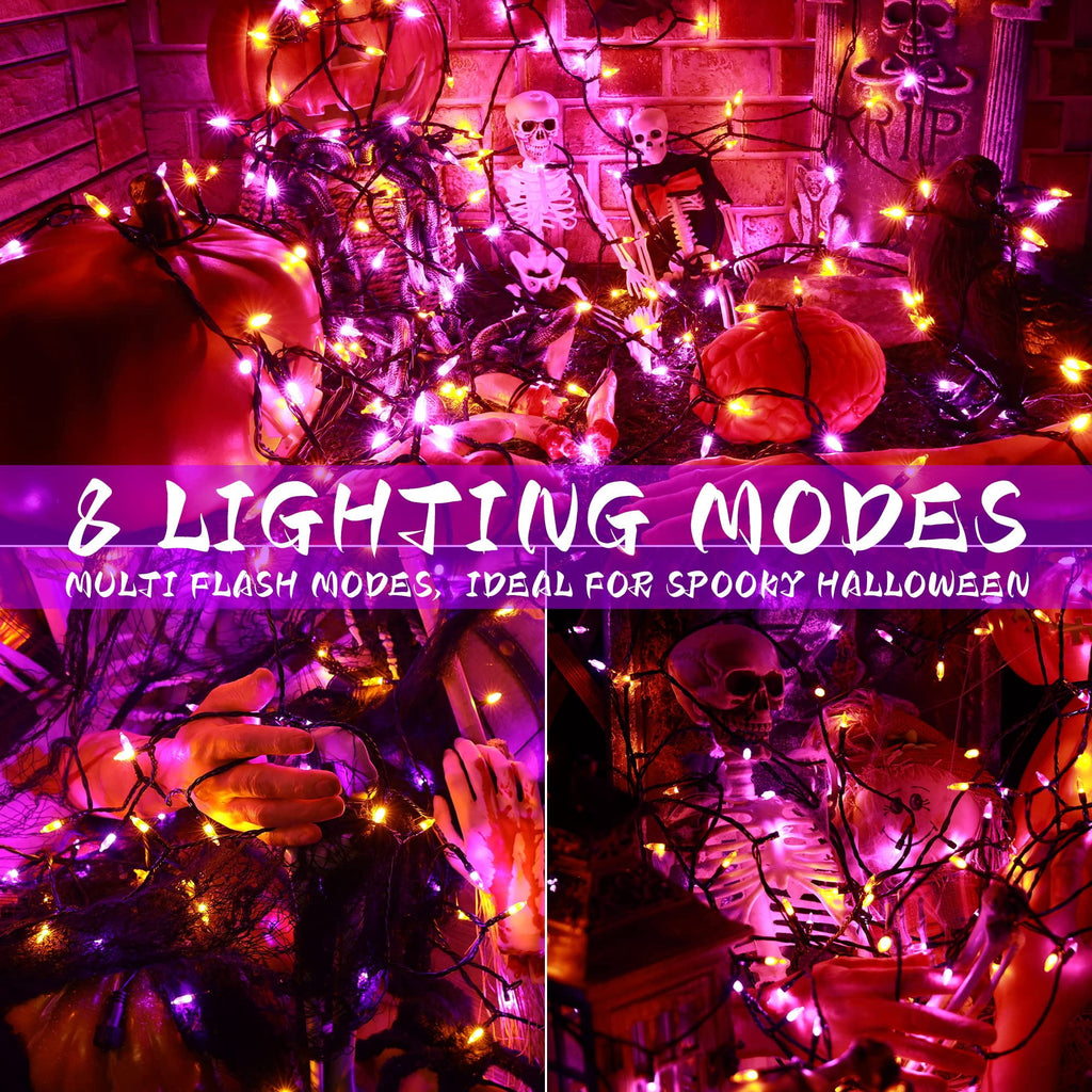 TETOU Halloween Lights, 33ft 100 LED Battery Halloween Lights, 8 Modes String Lights with Timer, Indoor Outdoor Waterproof mini Lights String for Halloween Bedroom Patio Decor - Orange & Purple