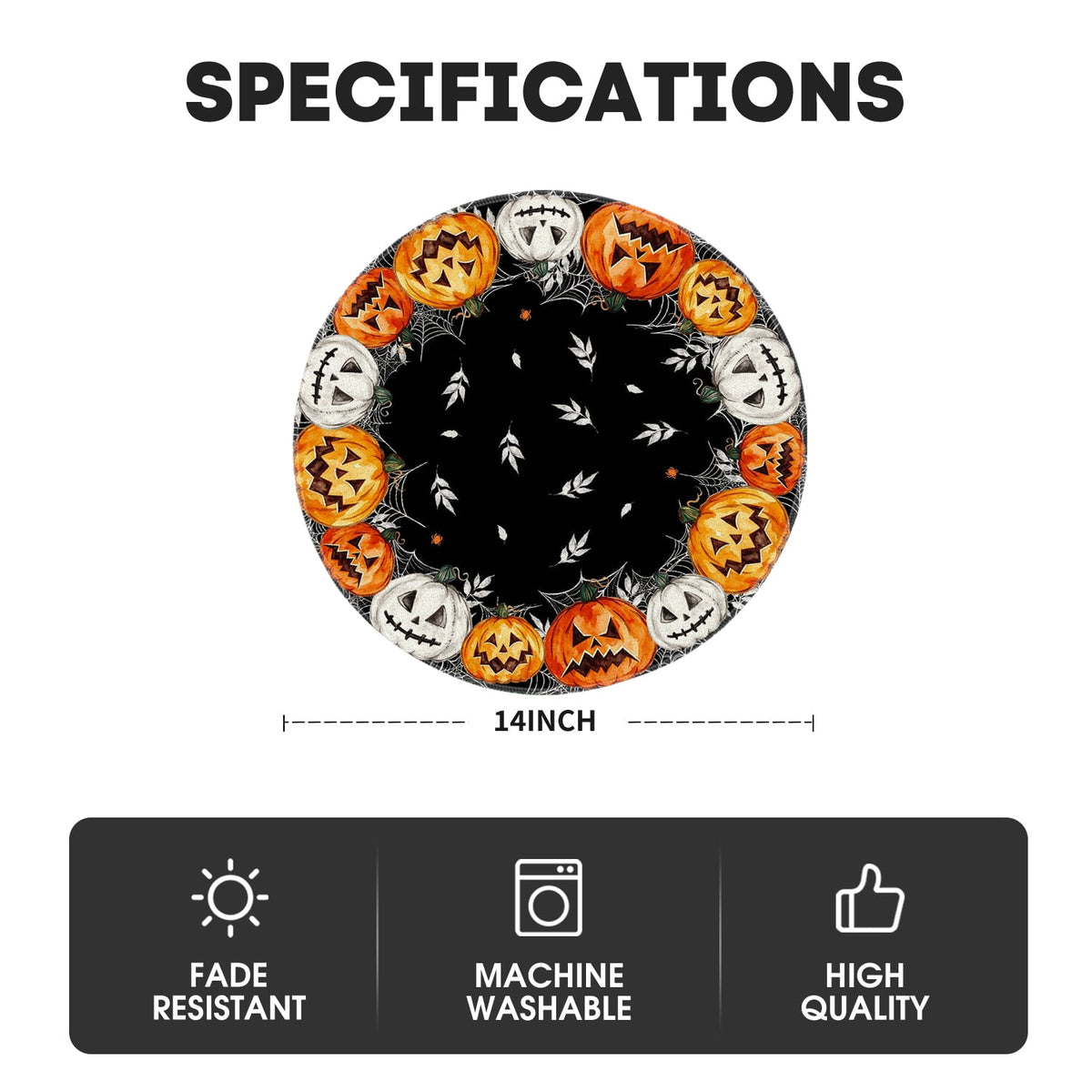 Smile Jack-O'-Lantern Spider Web Halloween Table Placemats Set of 4 Round 15 Inch Black