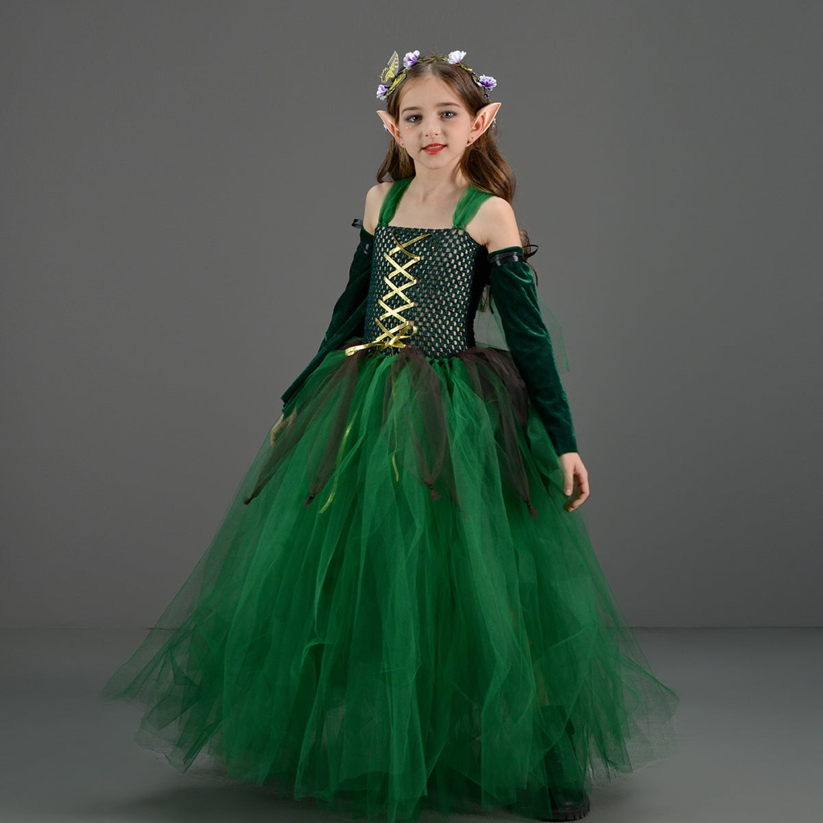 Girls Halloween Forest Elf Fairy Costume Green Sleeveless Tulle Tutu Dress+ Arm Sleeves+ Elf Ears+ Garland