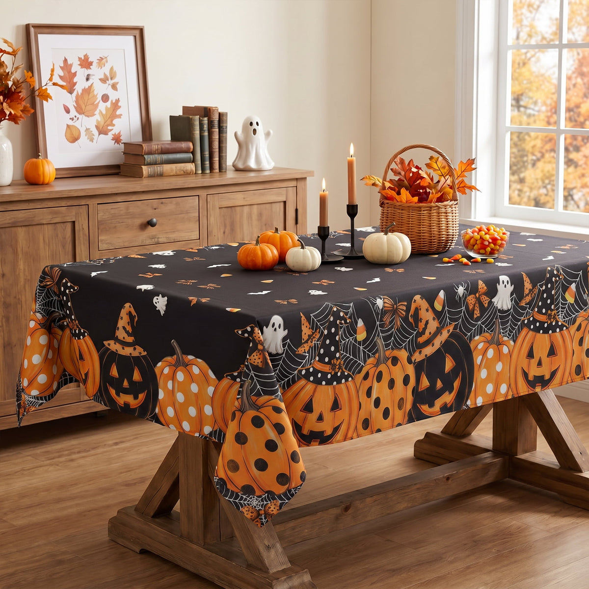 Sm:)e Ghost Bat Pumpkin Spider Web Halloween Tablecloth 60x84 Inch, Wrinkle-Resistant & Machine Washable Table Cover for Dining Decor, Rectangle