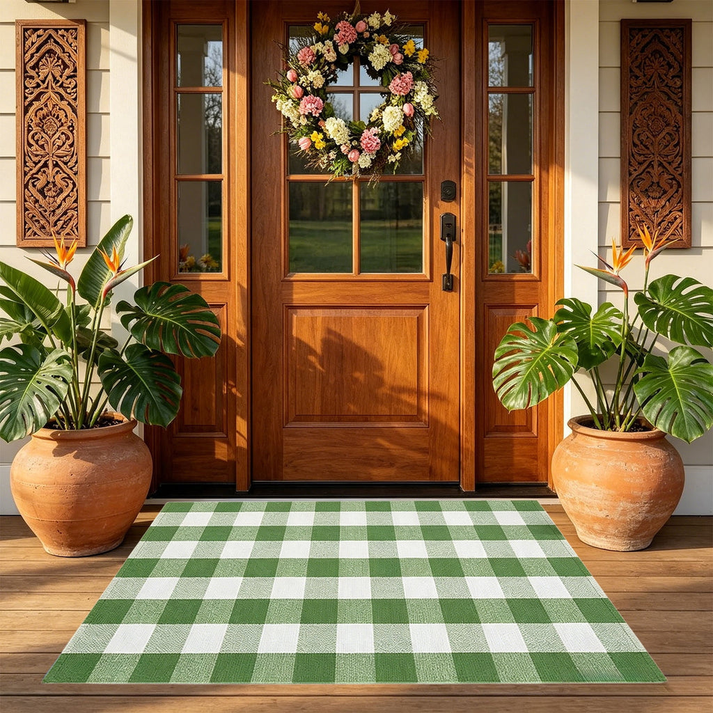 Orange Plaid Fall Outdoor Mat, Hand-Woven Porch Rug for Thanksgiving Halloween Door Decor