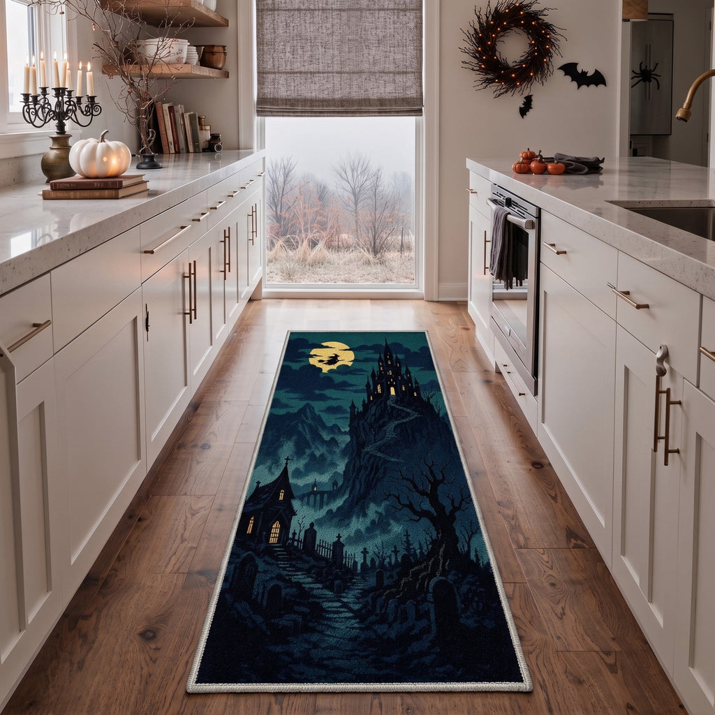 GENIMO 2'x7' Halloween Runner Rug, Washable Non Slip Soft Gothic Raven Indoor Outdoor Hallway Runner for Porch Patio Kitchen Entryway, Rust Orange