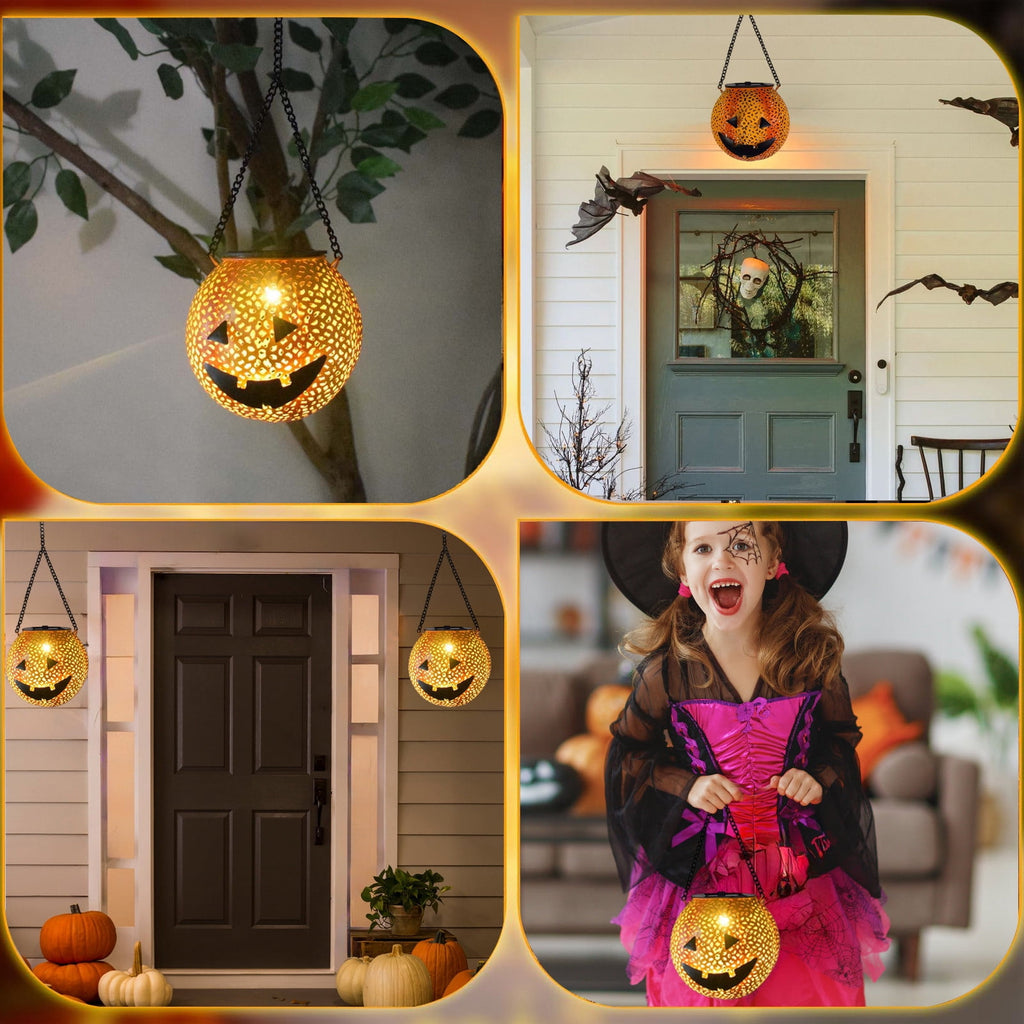 HHBEAUTY Metal Halloween Hanging Solar Lantern Outdoor Pumpkin Lanterns Portable Hanging Lights Decoration for LED Waterproof Solar Lantern Pumpkin for Backyard Garden Porch Tree Decor