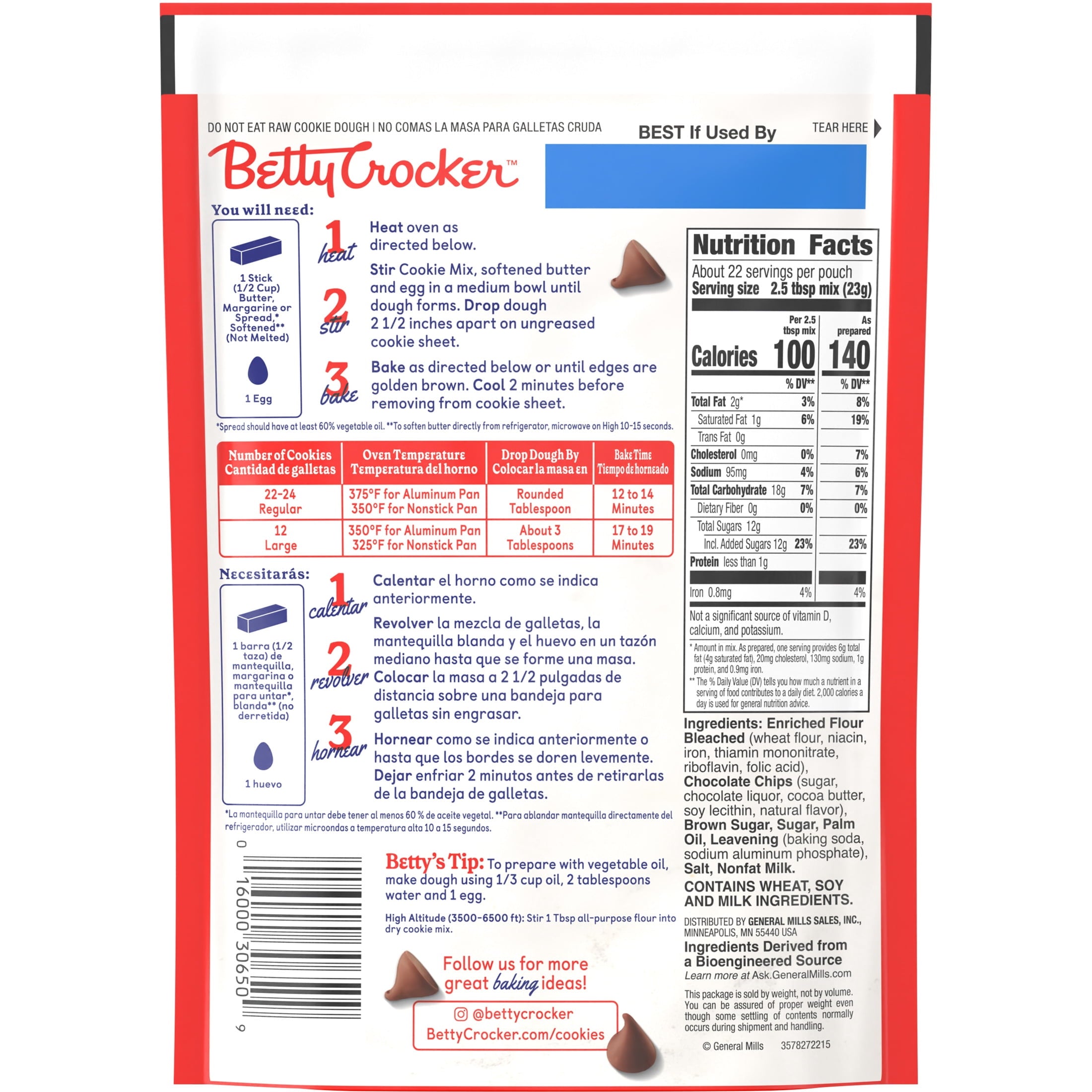 Betty Crocker Chocolate Chip Cookies, Cookie Baking Mix, 17.5 oz