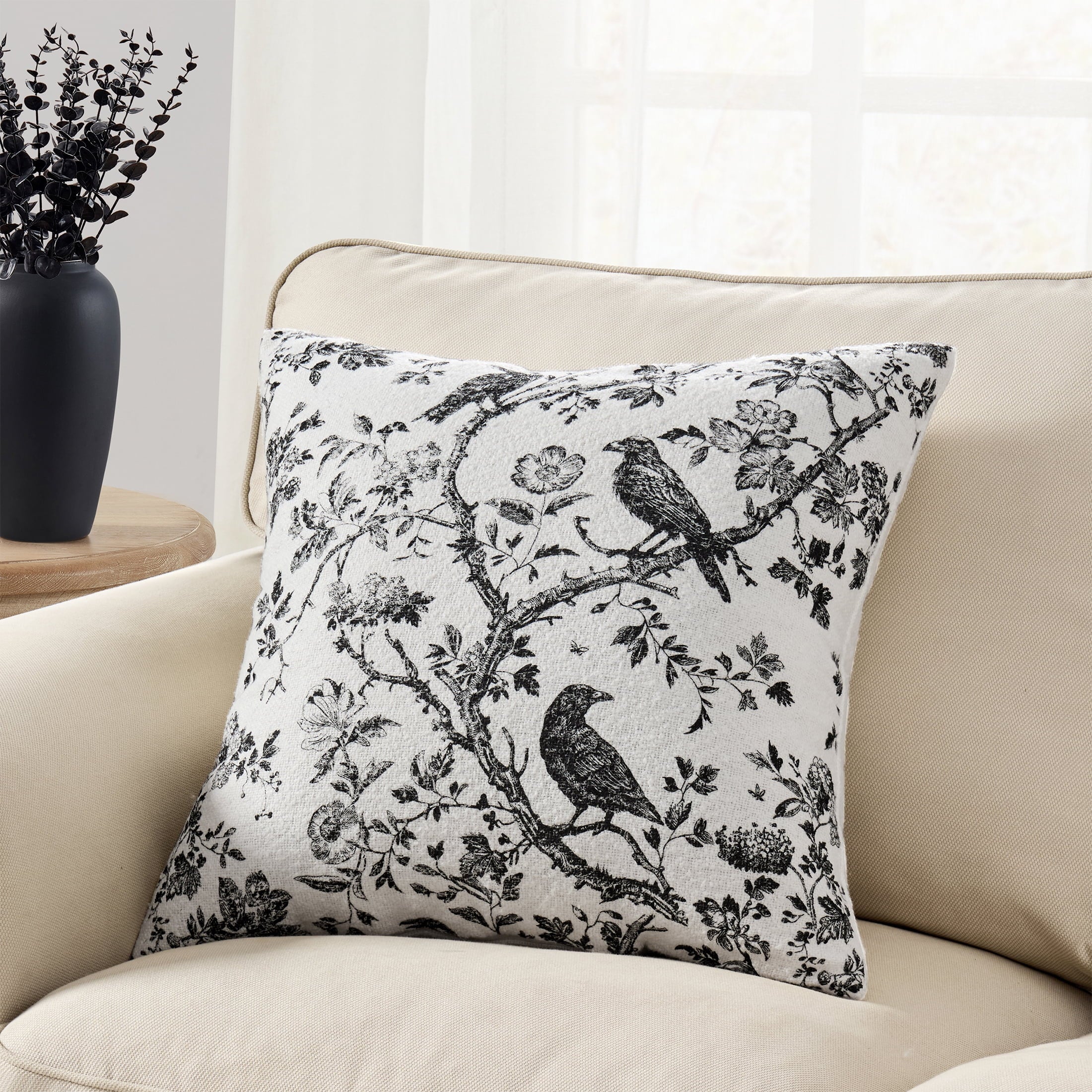 My Texas House Halloween Raven Toile Decorative Pillow, Ivory and Black, 20" x 20"