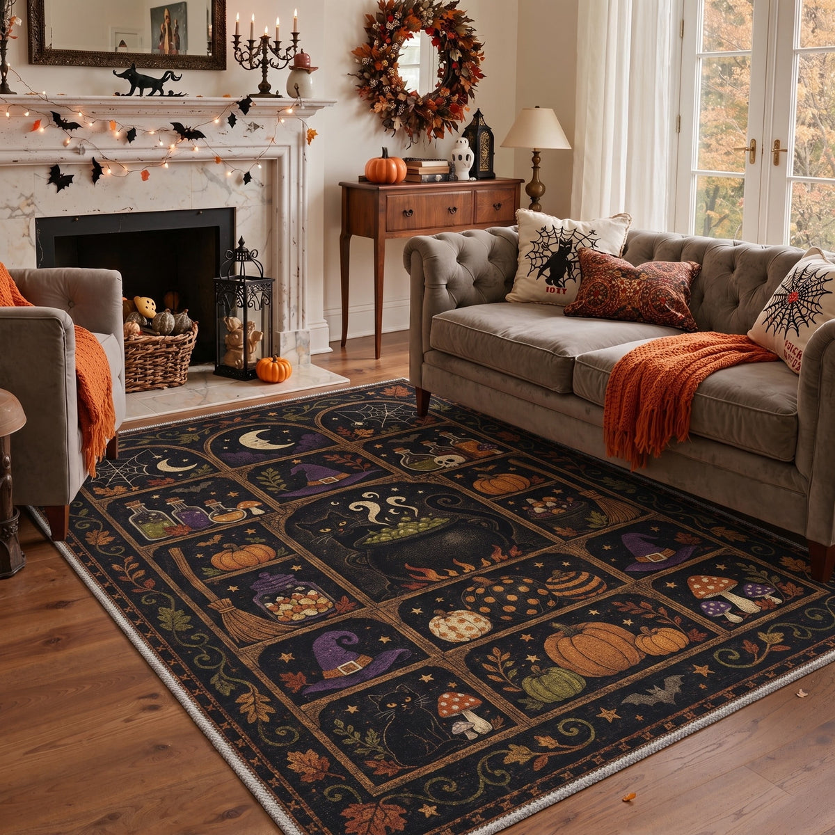 GENIMO 2'x7' Halloween Runner Rug, Washable Non Slip Soft Vintage Witch Indoor Outdoor Hallway Runner for Porch Patio Kitchen Entryway, Vintage Black