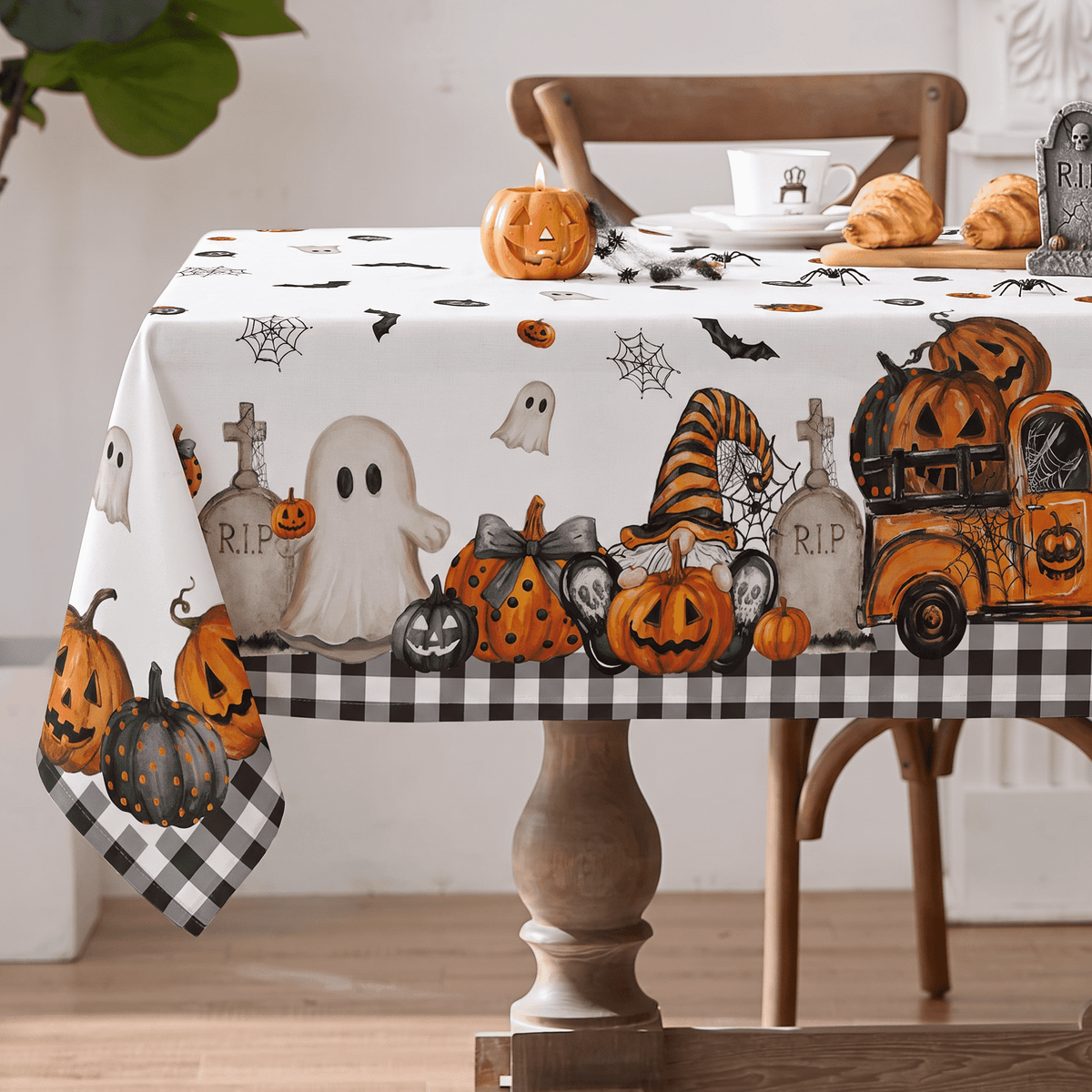 Sm:)e Truck Jack O Lantern Pumpkin Bat Buffalo Plaid Halloween Tablecloth 60 x 84 Inch, Wrinkle-Resistant Table Cover for Dining Decor, Rectangle