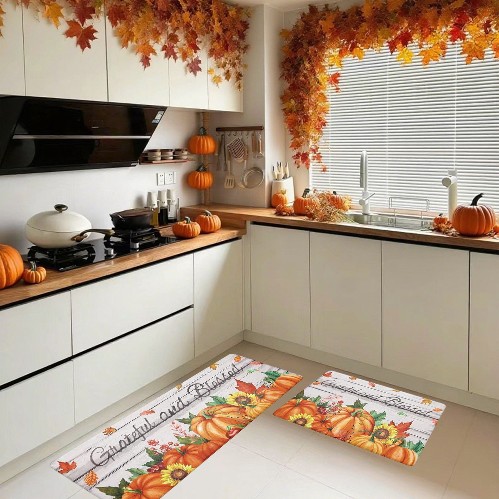 HOARBOEG Kitchen Floor Mat, Halloween Thanksgiving Fall Floor Mats 2-Piece Set - Non-Slip Pumpkin Maple Leaf Decor Rug for Bathroom Kitchen Porch Entrance, Holiday Home Decor