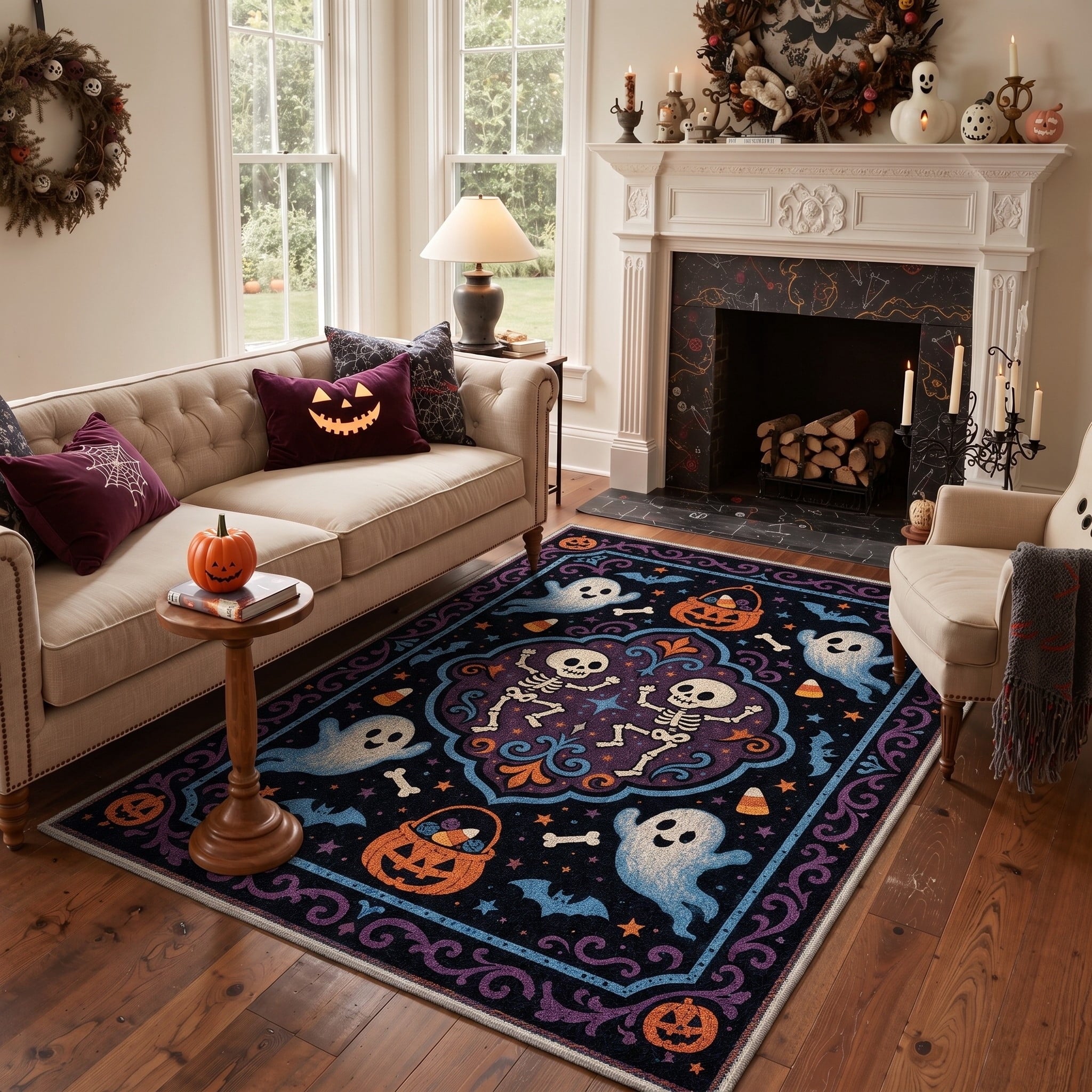 GENIMO 5'x7' Halloween Area Rug for Living Room, Washable Non Slip Soft Vintage Witch Indoor Rug for Bedroom Dining Room Home Office, Retro Sepia