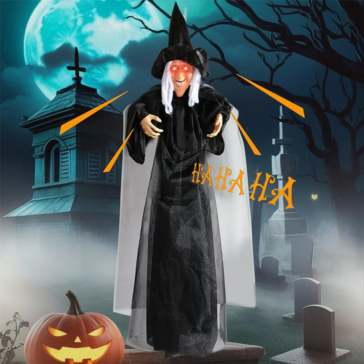BinKFF Life Size Hanging Talking Witch - Animated Halloween Witch with Sound Activation and Red Eyes for Outdoor & Indoor Decor - Flying Animatronic Witch for Halloween Decorations