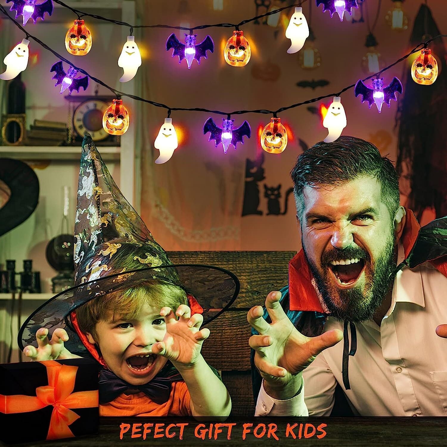 Halloween String Lights Battery Operated 20 Feet 30 LED 3D Pumpkin Bat Ghost Lights with Timer - 8 Light Modes Halloween Decorations Lights for Party Patio Indoor Outdoor (Upgrade)