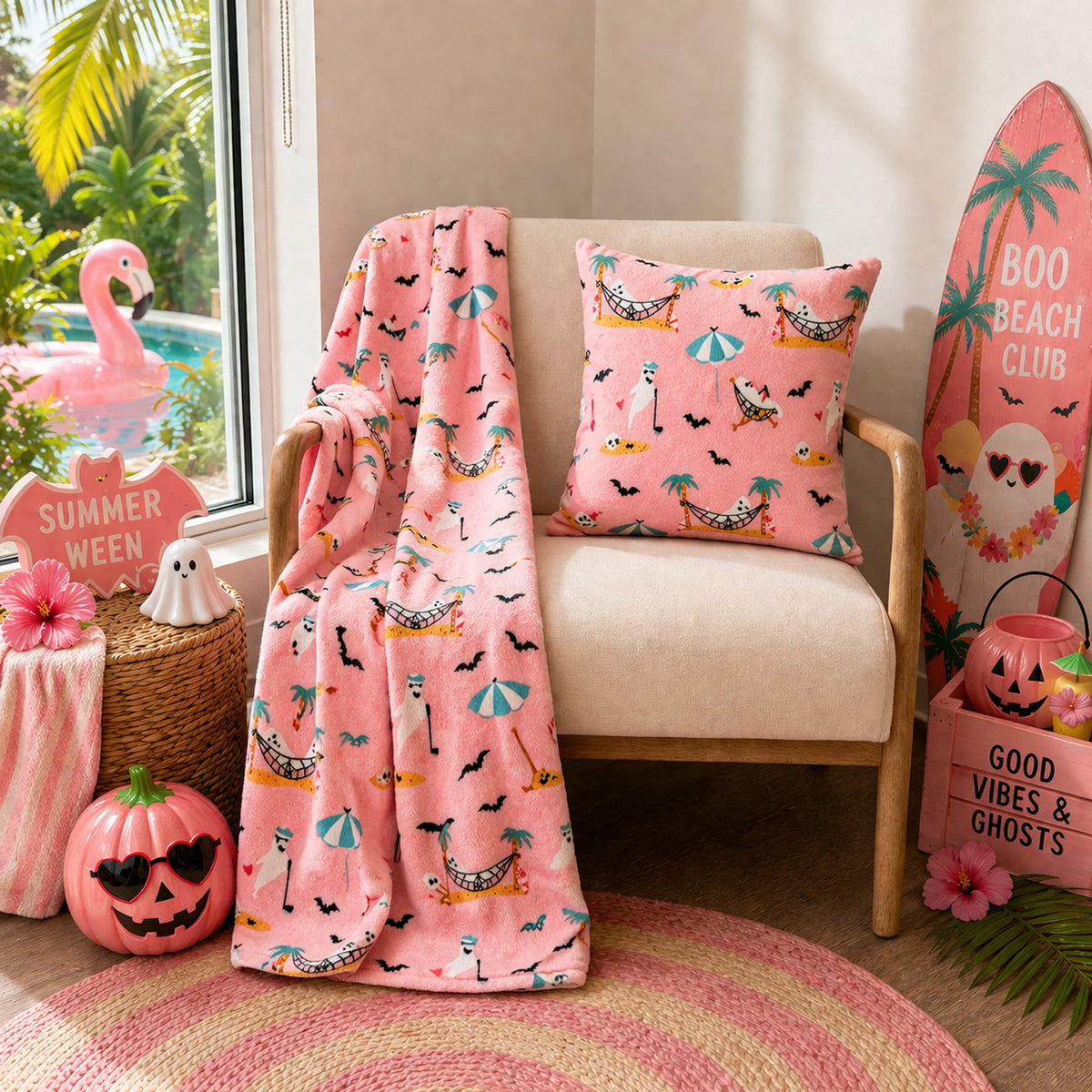 Summerween 18"x18" Plush Decorative Pillow, Vacation Ghosts