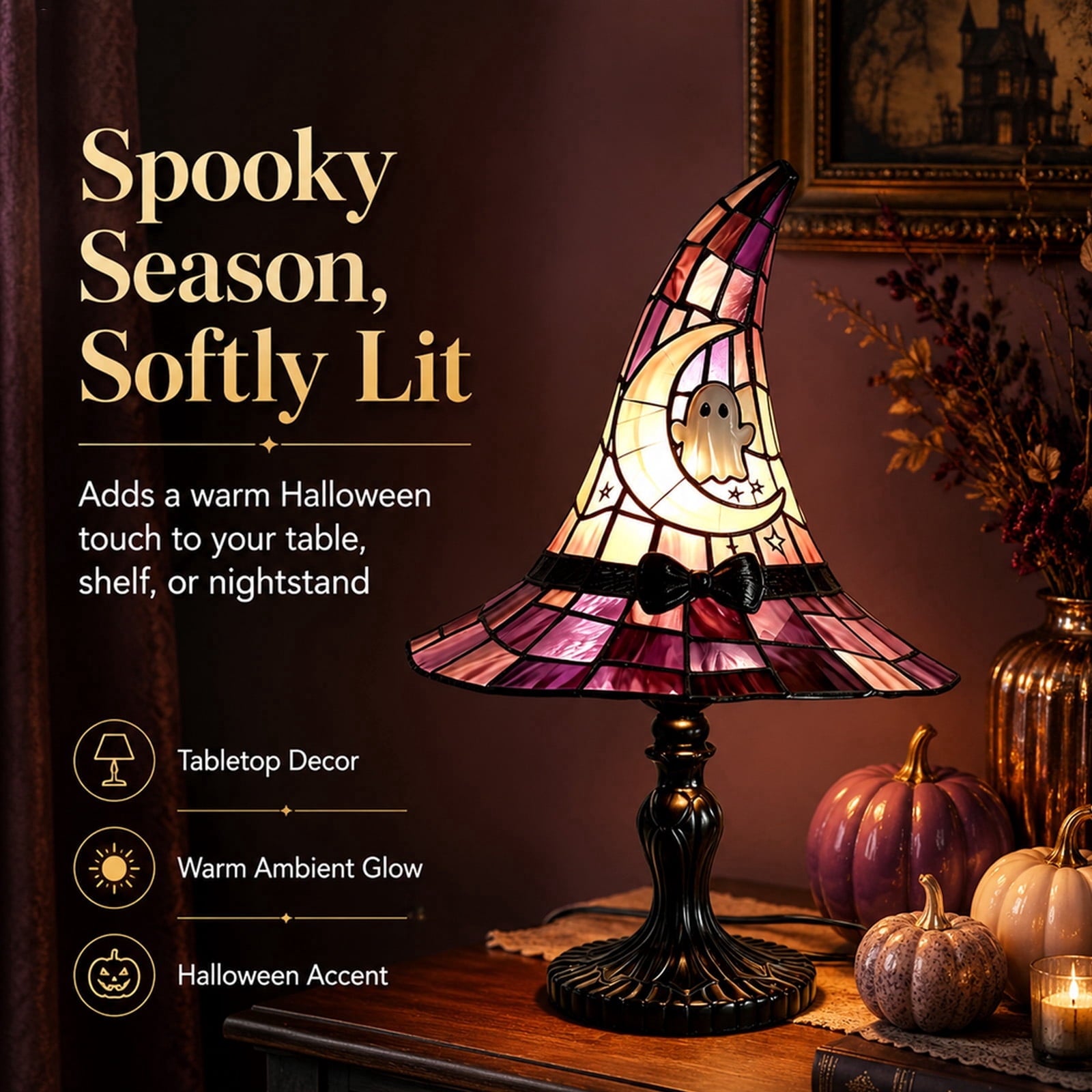 Halloween Decor Witch Hat Lamp, LED Halloween Night Light, Halloween Decorations Indoor, Witchy Decor for Shelf Mantel Table, Gothic Home Decoration