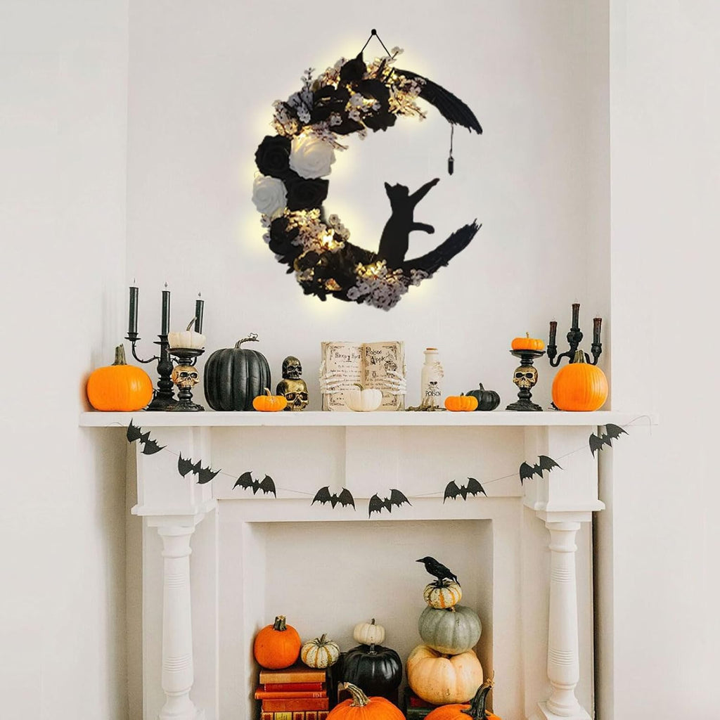 Halloween Wreaths For Front Door, Flower Moon Cat Halloween Home Decoration, Halloween Family Gathering Decoration Wreath，Outdoor, Wall, Closet, Fence, Wreath Halloween (Pink roses)