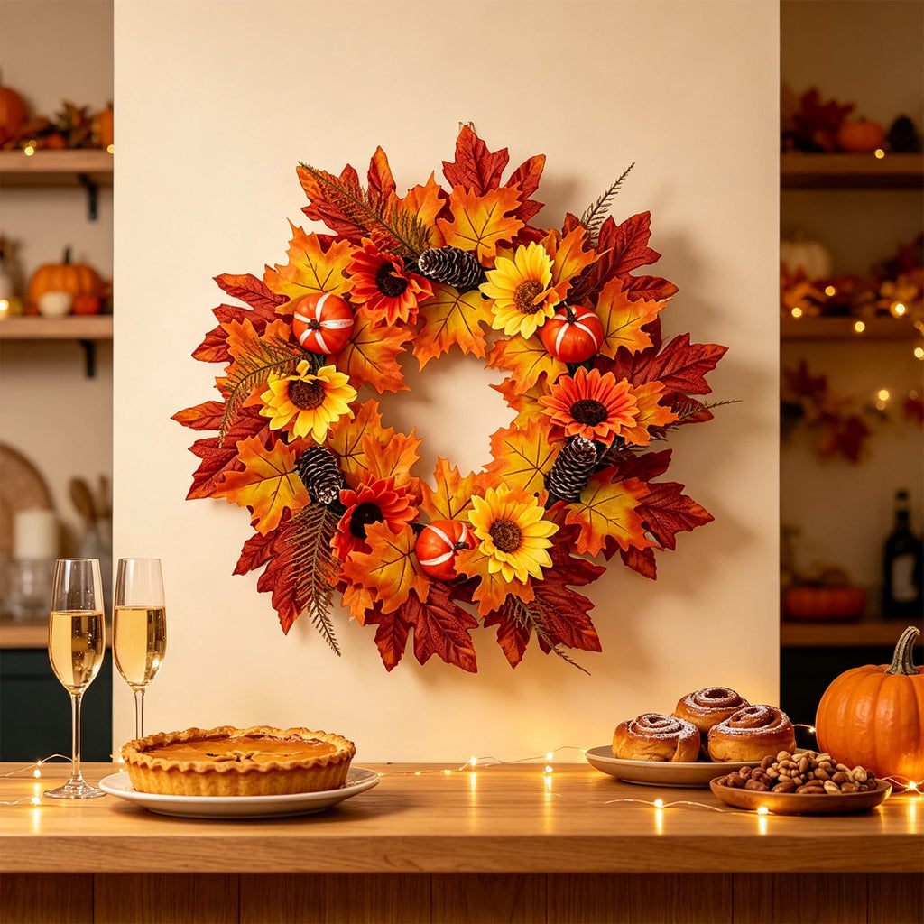HOARBOEG Autumn Harvest Sunflower Wreath, Artificial Pumpkin Maple Leaf Fall Wreath for Front Door, 21.65 in Thanksgiving Wall Hanging Decor, Outdoor Indoor Harvest Decor