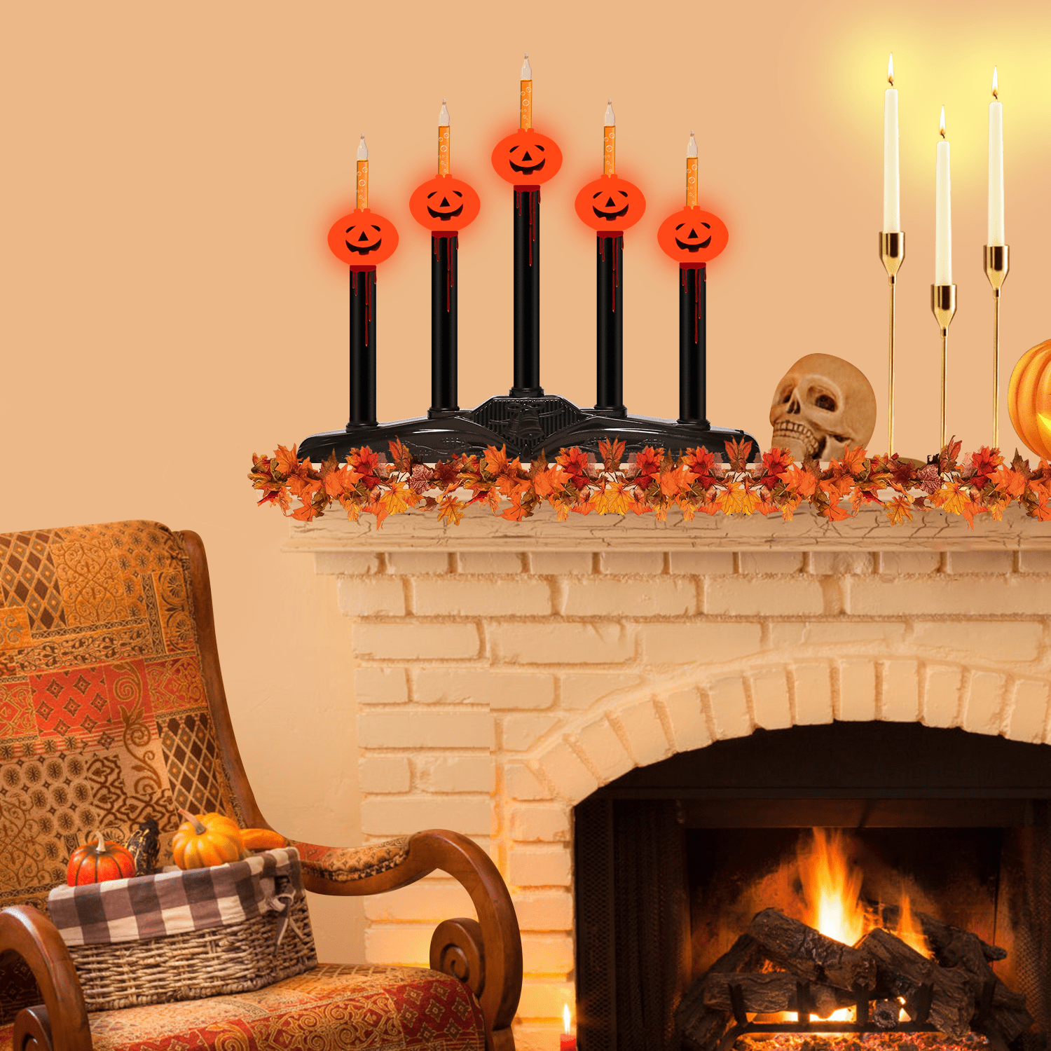 Halloween 5 Lights Pumpkin Bubble Candle Lamps, Plug in Electric Window Candle Lamps with 6 Pumpkins Bubble Lights(1 Spare), E12 Base, Vintage Candelabra Lights Great for Mantel Window Table Decor