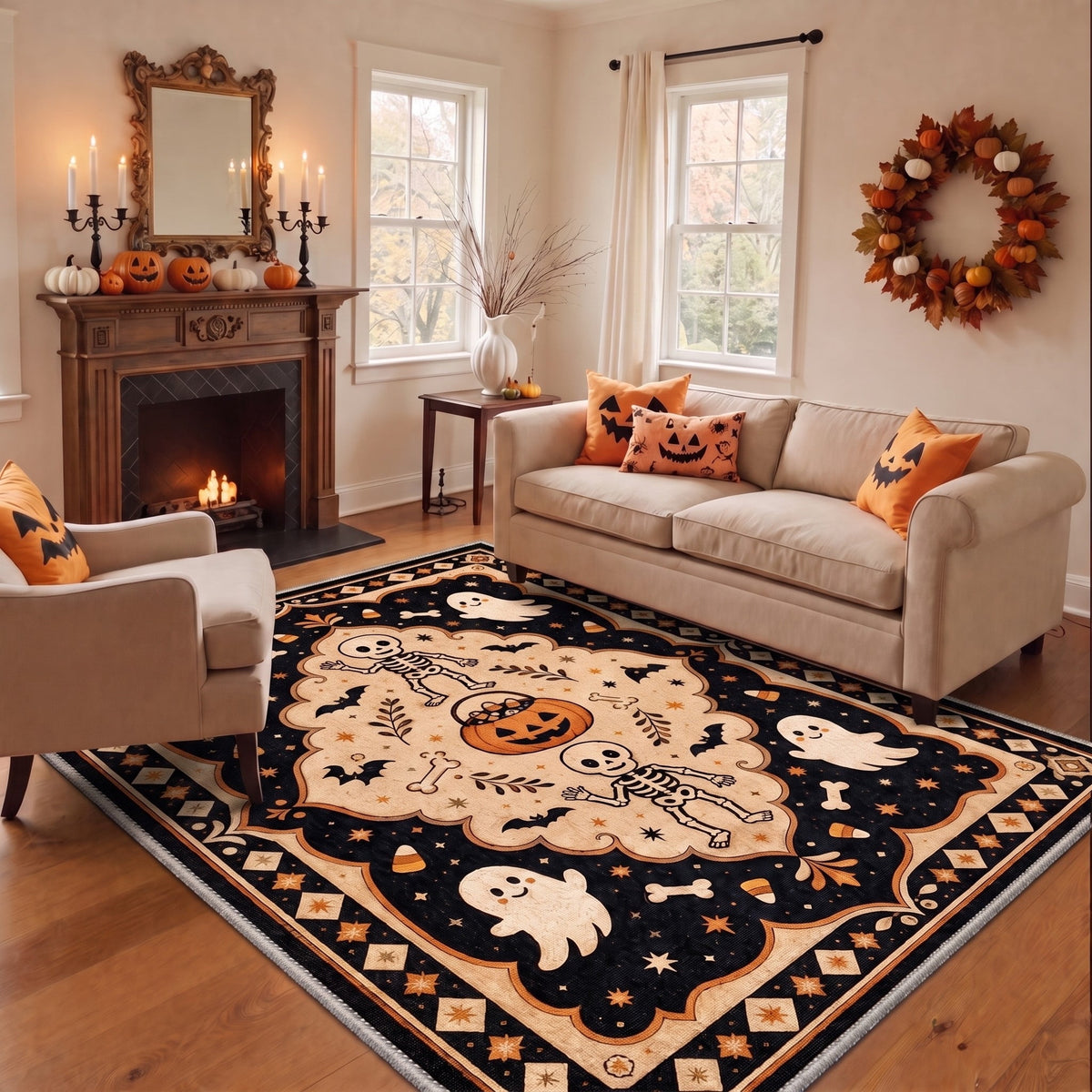 GENIMO 5'x7' Halloween Area Rug for Living Room, Washable Non Slip Soft Vintage Witch Indoor Rug for Bedroom Dining Room Home Office, Retro Sepia