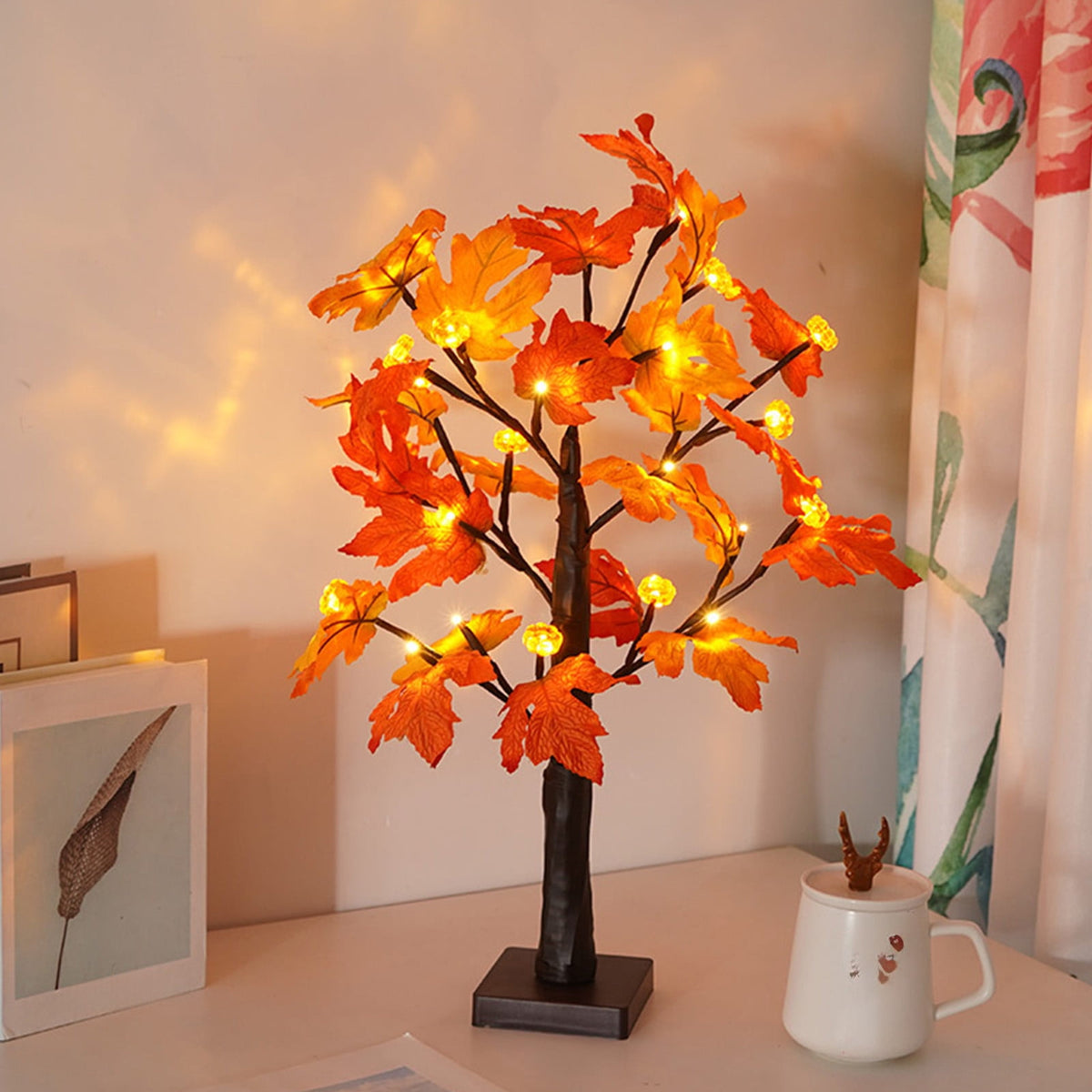 Darzheoy Artificial Lighted Maple Tree, 24 LED Thanksgiving Decorations Table Lights Tree for Autumn Wedding Party Gift Indoor Outdoor Harvest Home Decor