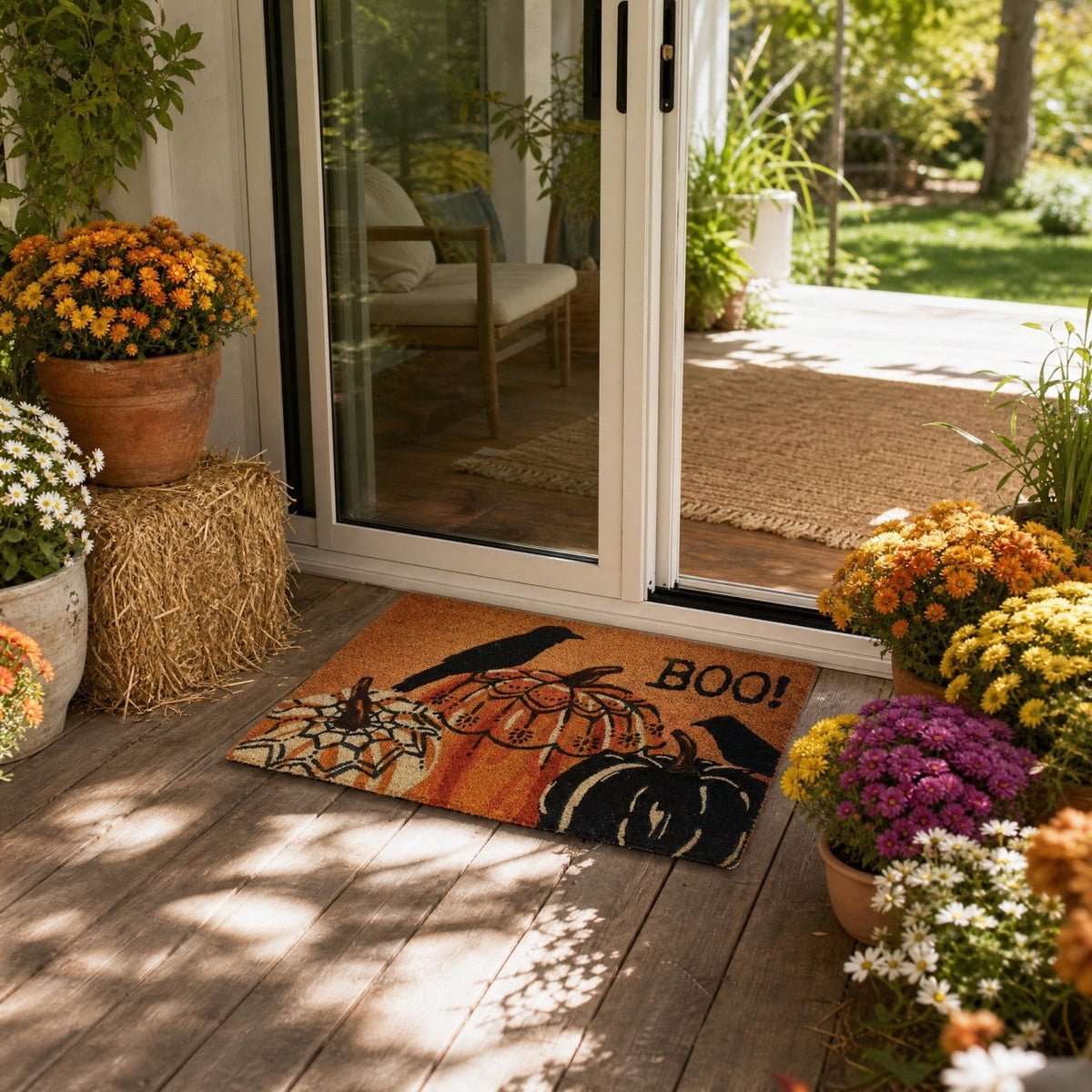 Fllostpr Halloween Pumpkin & Crow Welcome Doormat for Front Door, Non-Slip Vintage Brown Coir Floor Mat for Outdoor Porch Entryway Decor,16x24 Inch