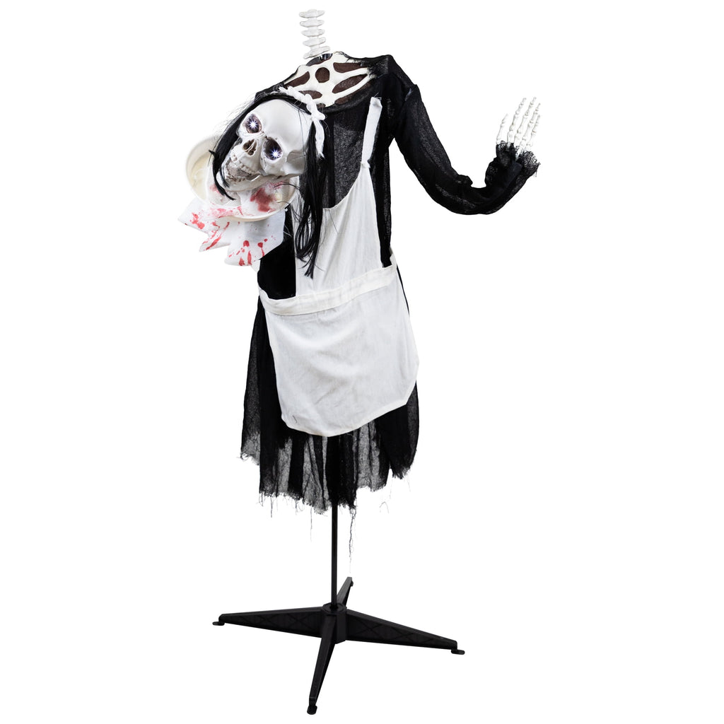 57" Animated LED Lighted Head-in-Hand Skeleton Maid Halloween Decoration