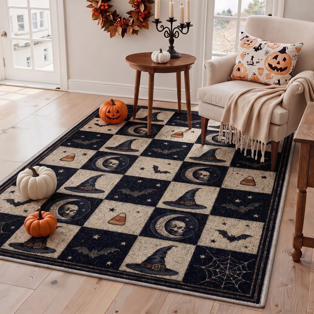 GENIMO 2'x7' Halloween Runner Rug, Washable Non Slip Soft Vintage Witch Indoor Outdoor Hallway Runner for Porch Patio Kitchen Entryway, Vintage Black