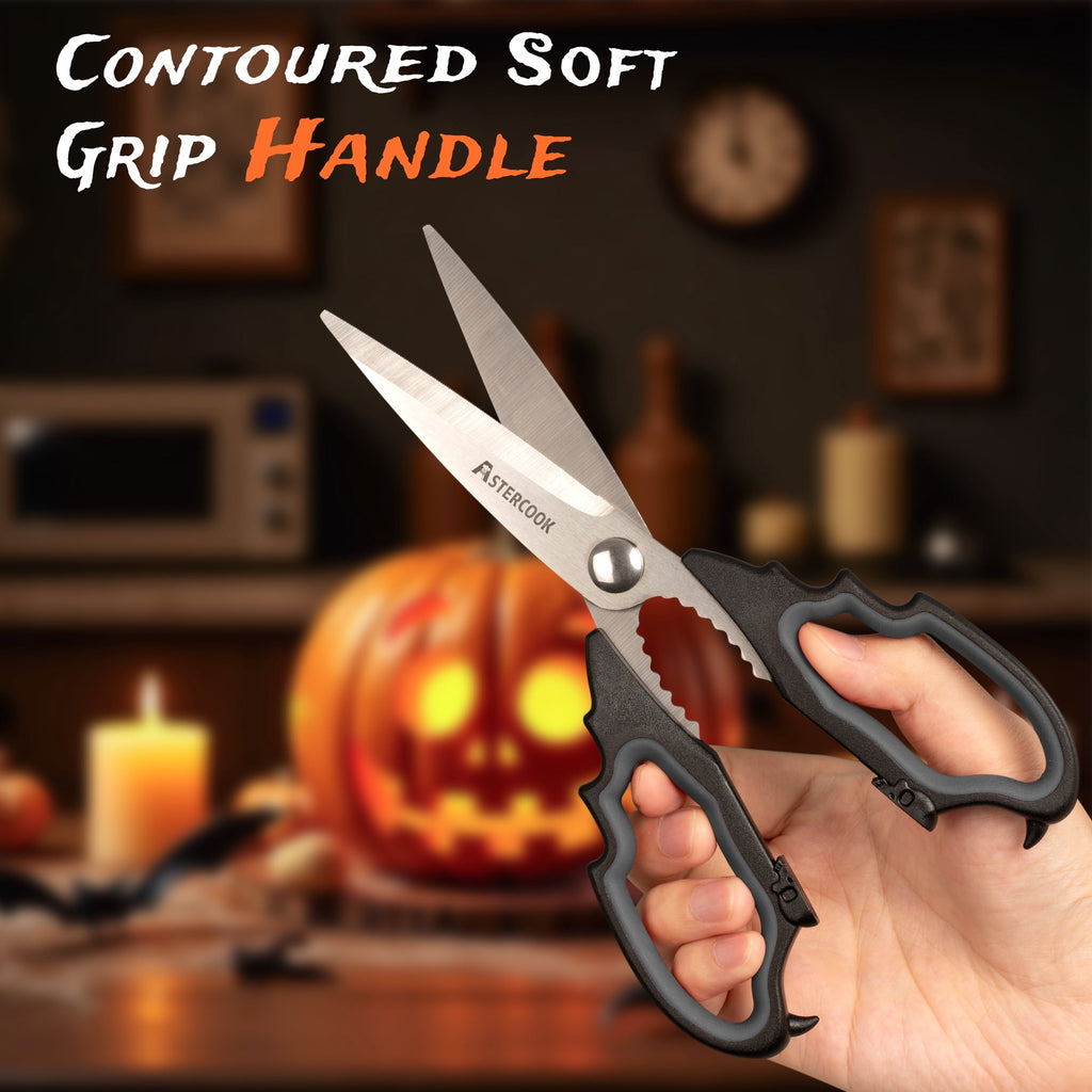 Astercook Halloween Kitchen Scissors, Gothic Skull Heavy Duty Shears for Cooking, Poultry, Herbs – Spooky Pumpkin Design, Dishwasher Safe, Perfect Gift for Halloween Party & Home Décor Red