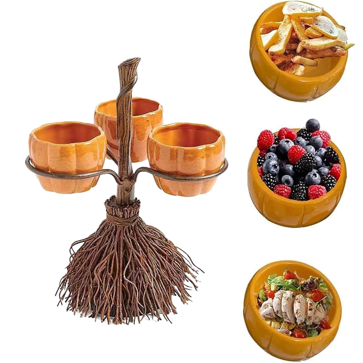 Diceymbol Halloween Pumpkin Snack Bowl Stand Collapsible Broomstick Candy Tray for Cupcakes & Desserts, Resin Serving Platter with Ceramic Pumpkin Bowls