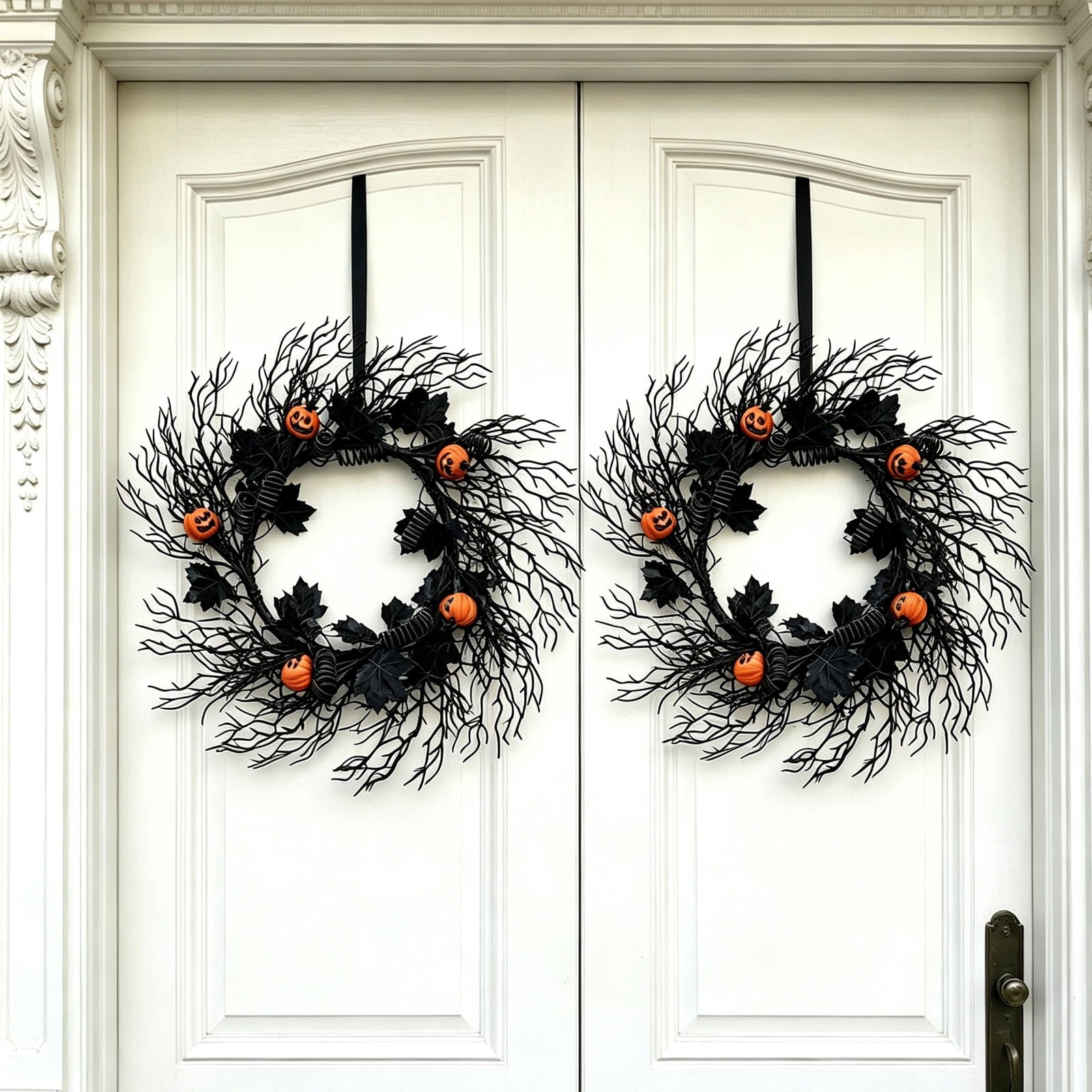 WWC Halloween Wreath, 18 inch Black Bats and Bare Branch Wreath, Gothic Halloween Decor Twig Wreath for Halloween Party Front Door Porch and Fireplace