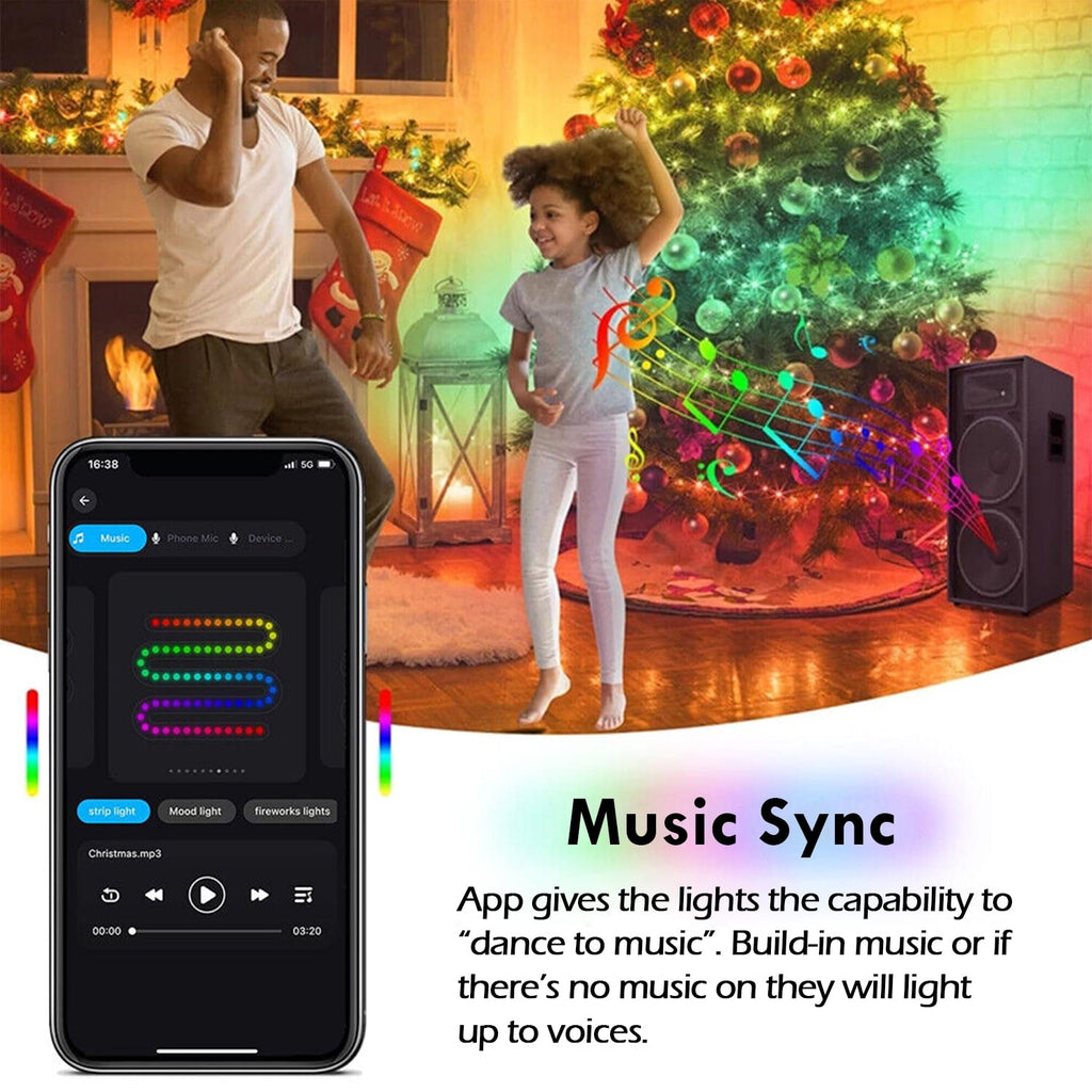 IC ICLOVER Christmas Tree String Lights Decorations with Ring Smart APP, 200 LED Waterfall Lights IP65 Waterproof Multi-Modes with Remote Color Changing Lights for Wedding Yard Party Home Holiday