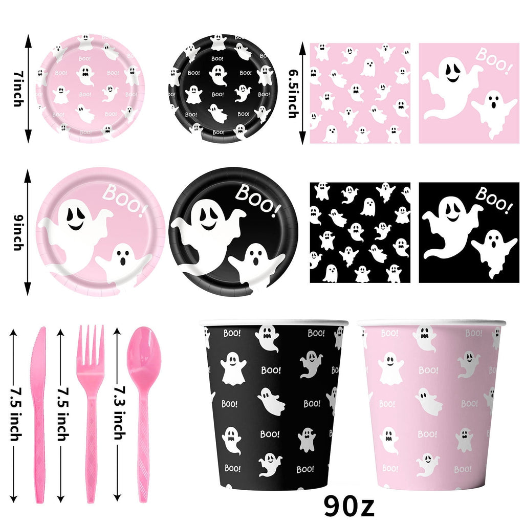 50/73/93Pcs Halloween Boo Party Tableware Supplies Decorations,Spooky Ghost Plates Napkins Boo Ghost Tableware Tablecloth Banner for Halloween Birthday Party Boo Baby Shower Party Supplies