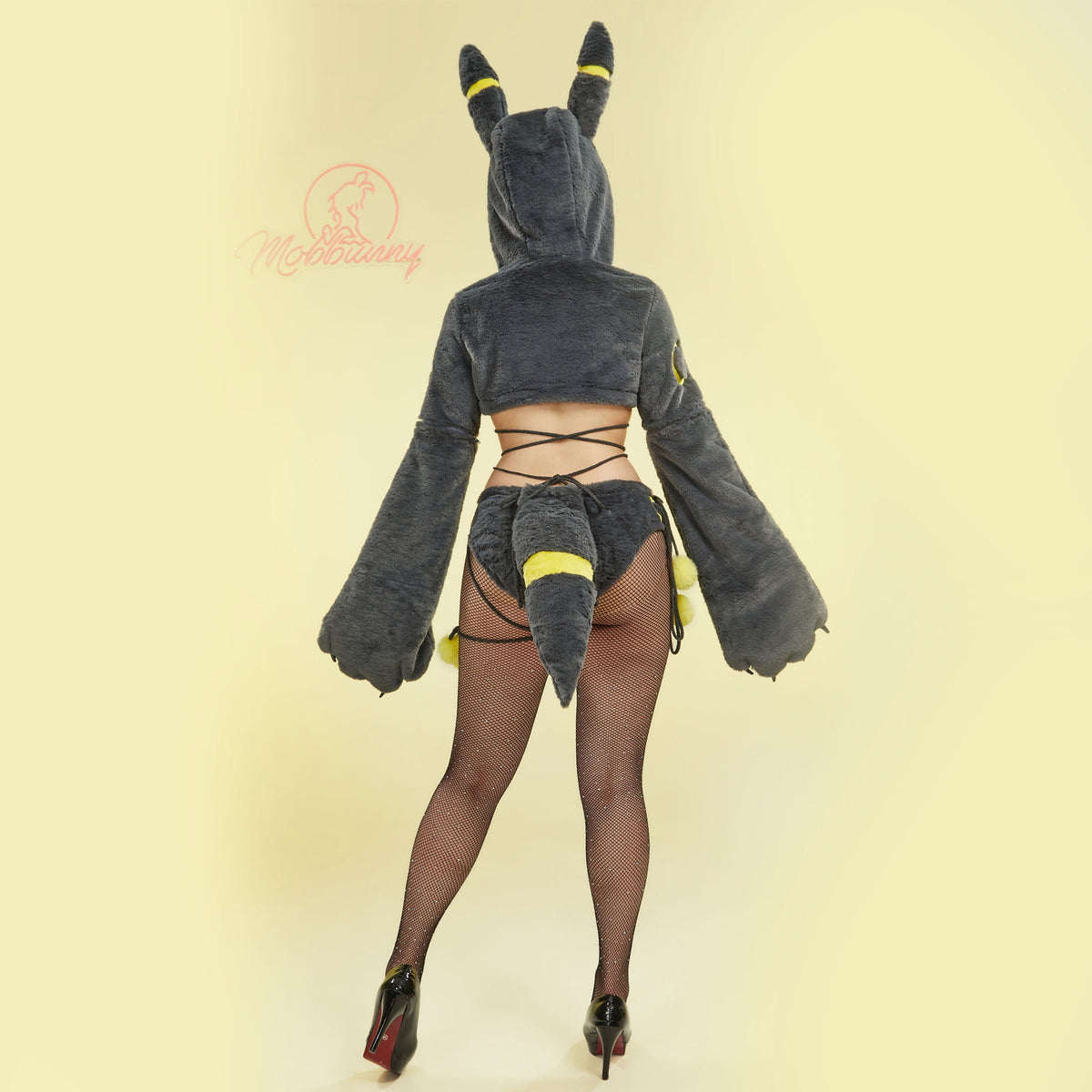Women sexy Fluffy Hooded Bodysuit Halloween Deep V Kawaii One Piece Lingerie Rompers with Choker and Socks