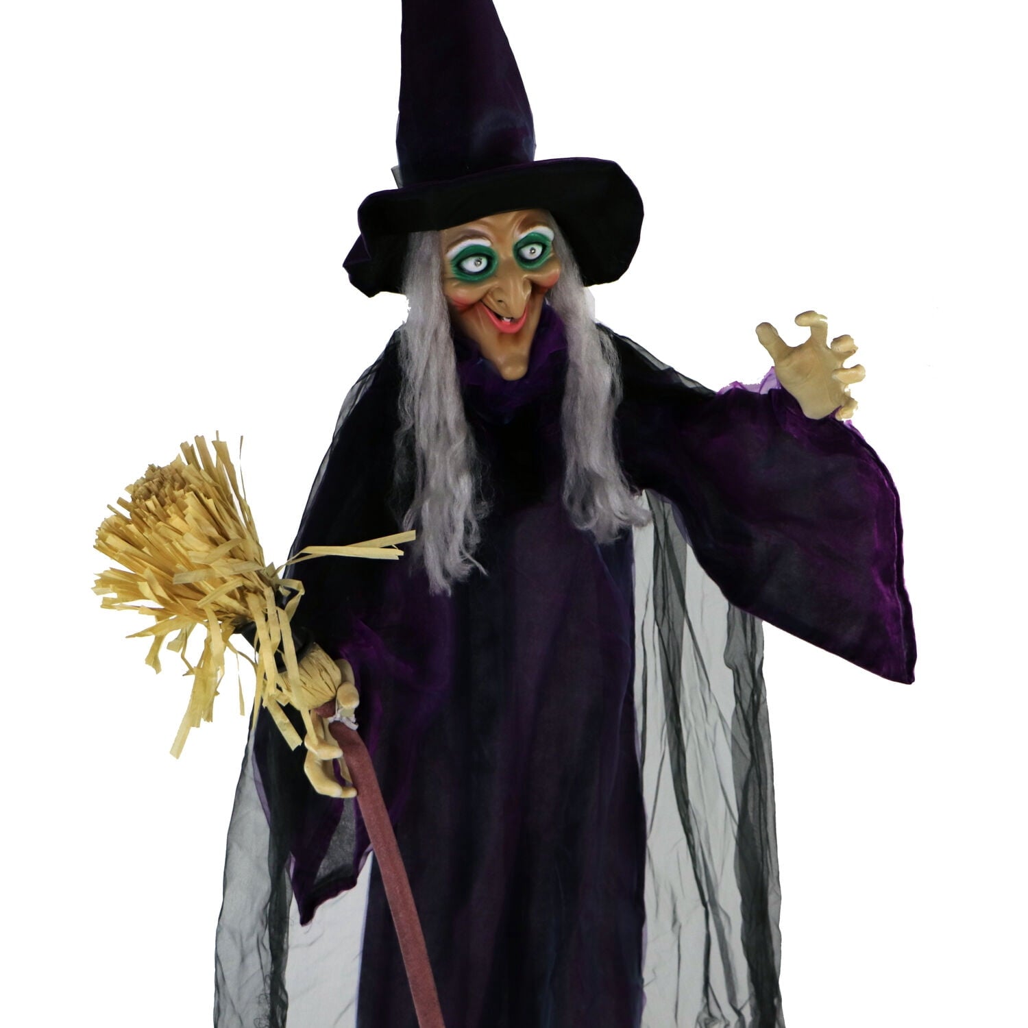 Haunted Hill Farm Life-Size Animated Talking Witch w/ Broomstick, 6 ft Halloween Decoration, HHWITCH-5FLSA
