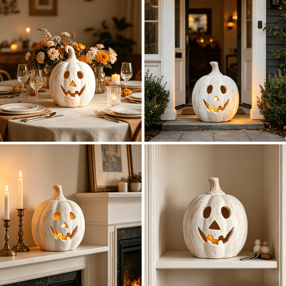 Fall Decor - Halloween Decorations - 5.9"H White Handmade Resin Pumpkin Jack O' Lantern with Flameless Candle - Outdoor Indoor Autumn Decoration for Table Centerpieces Porch Room Front Door