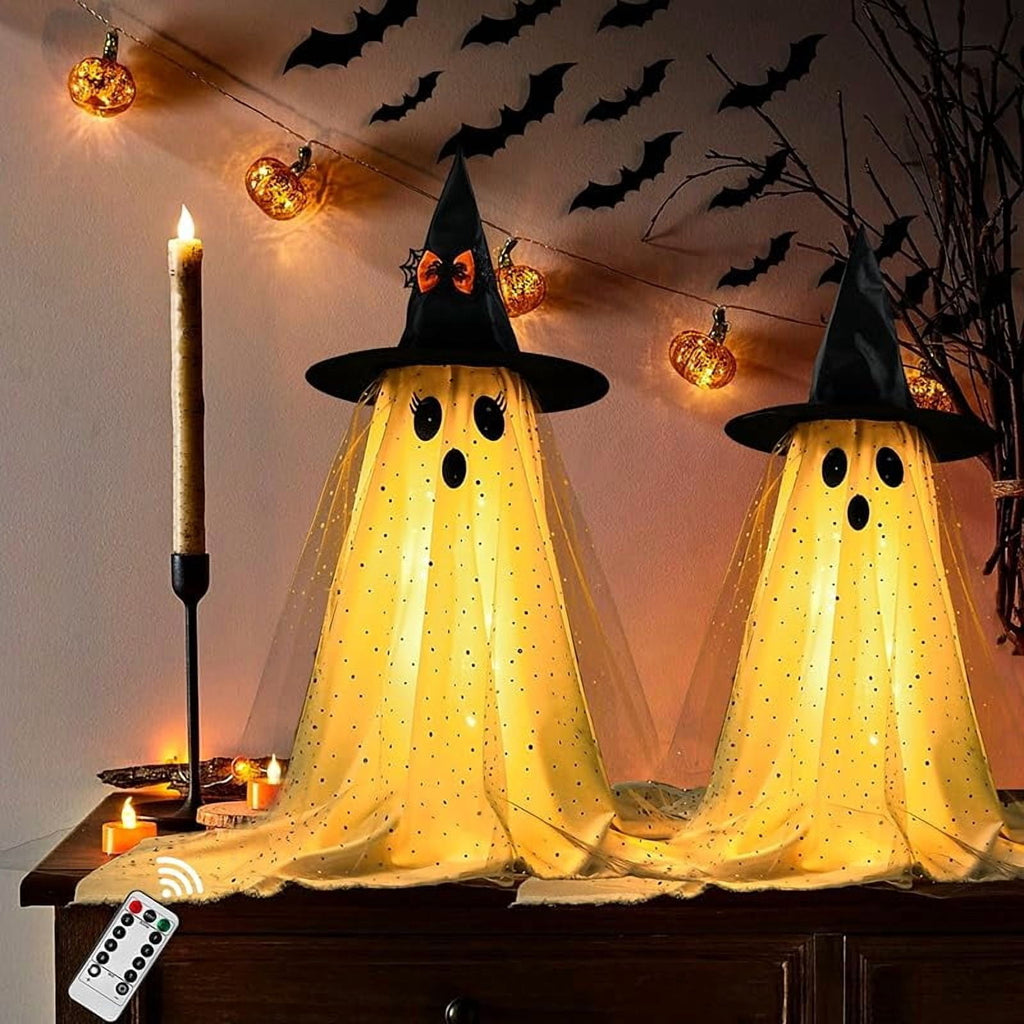2-Pack Halloween Decorations Outdoor, Halloween Party Decorations Indoor, Ghost Decorations with Remote Control String Lights, Halloween Ghost Lights Suitable for Porch, Courtyard, Garden, Lawn