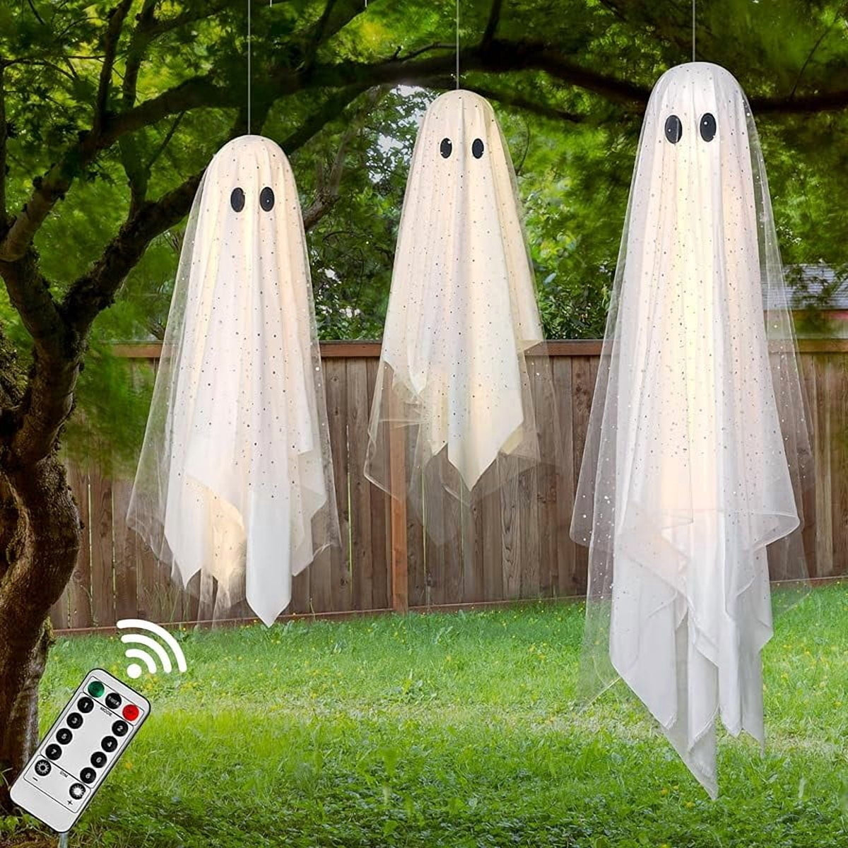 2-Pack Halloween Decorations Outdoor, Halloween Party Decorations Indoor, Ghost Decorations with Remote Control String Lights, Halloween Ghost Lights Suitable for Porch, Courtyard, Garden, Lawn