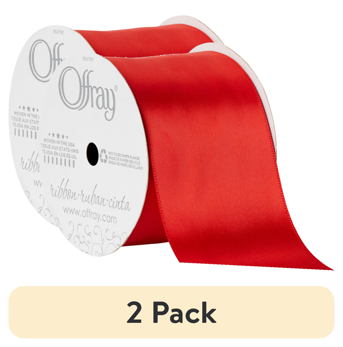 (2 pack) Offray Ribbon, Red 2 1/4 inch Single Face Satin Polyester Ribbon for Sewing, Crafts, and Gifting, 9 feet, 1 Each