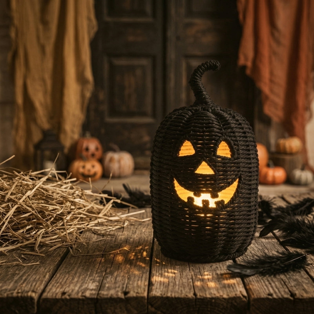 2026 Halloween Black Woven Seagrass Pumpkin Storage Basket with Lid, Fall Indoor Home Decorations for Halloween Party Home Halloween Decor, 10.2 inch