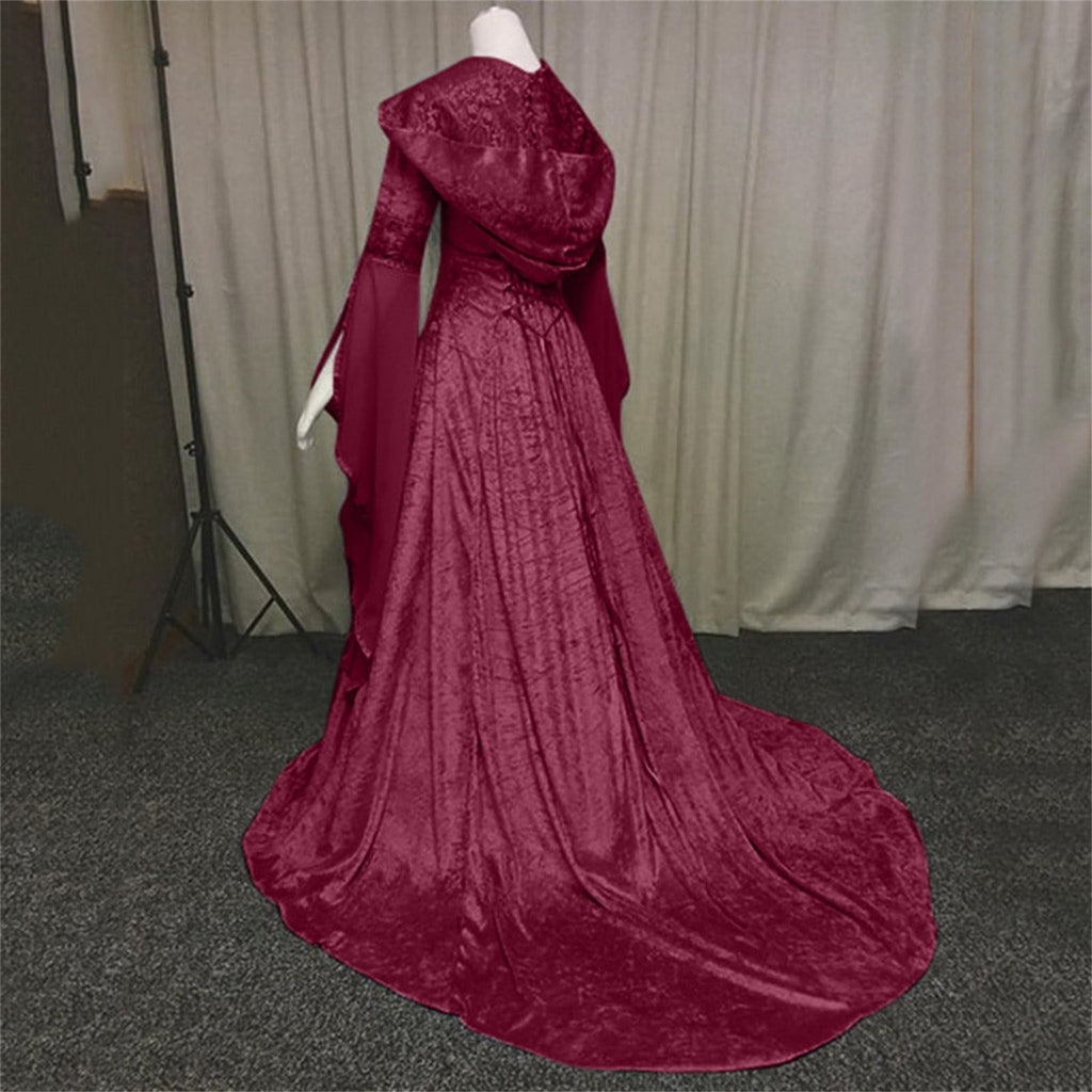 Medieval Renaissance Hooded Dress for Women, Silver Gothic Witch Costume with Lace-Up Corset, Vintage Velvet Long Sleeve Gown for Halloween Cosplay Renaissance Wedding Themed Party-Dark Blue/L