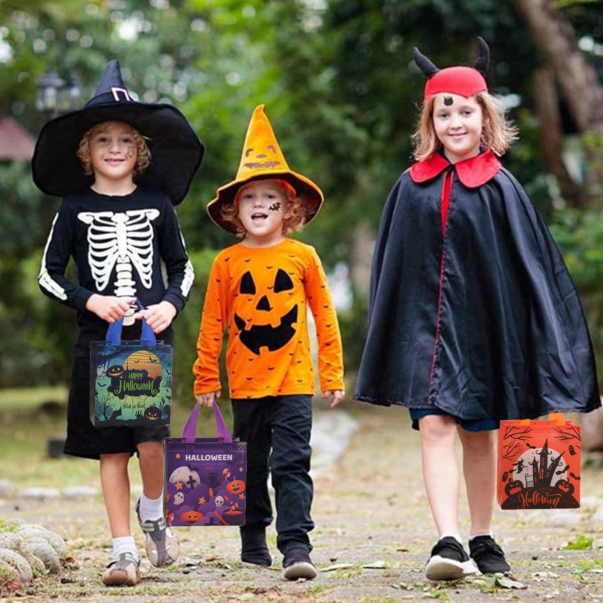12 Packs Halloween Trick or Treat Bags, Reusable Non-Woven Gift Tote With Handles, Goodie Bags for Party Supplies, 9.06*8.66*4.33