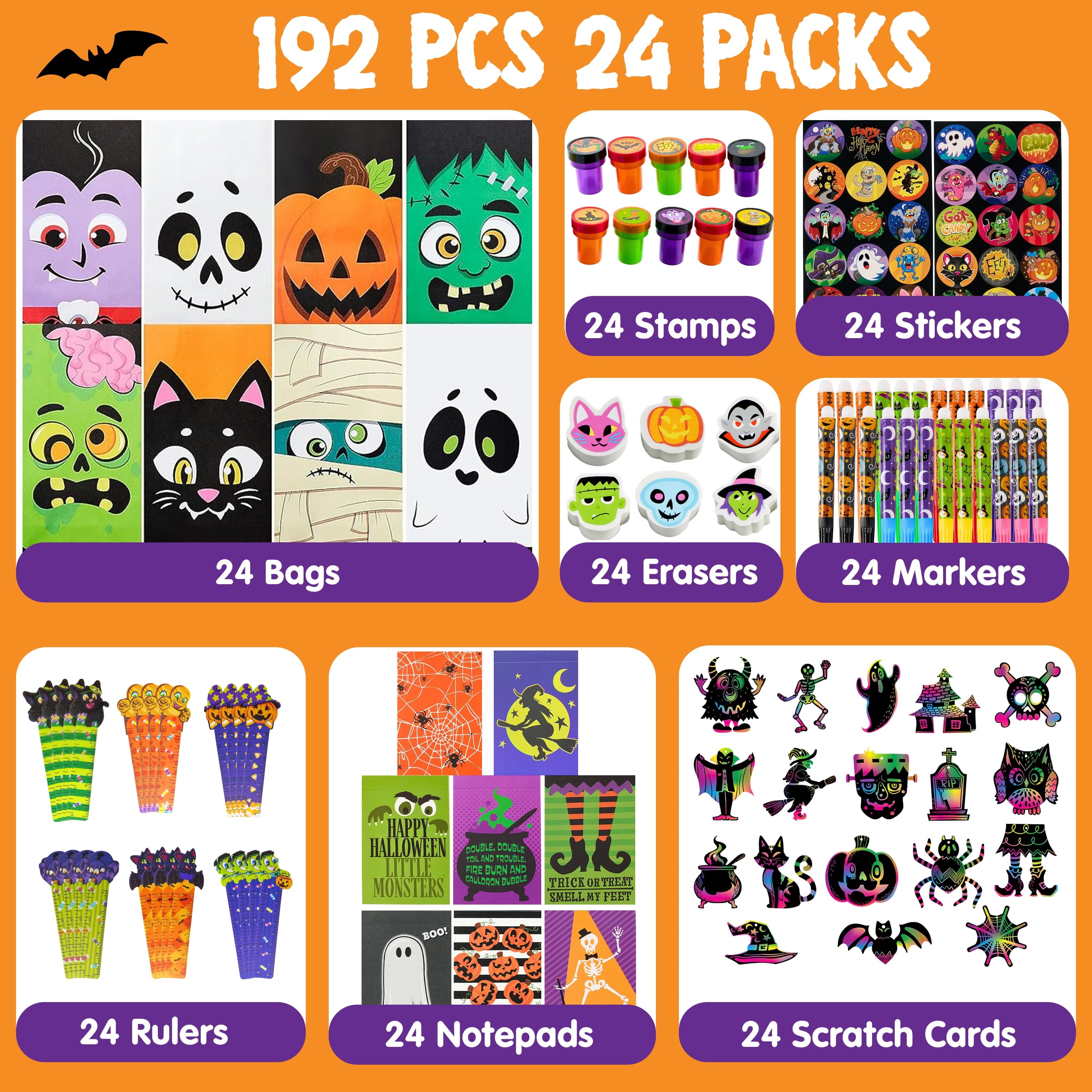 Joyfy 192 Pcs Halloween Stationery Set, Halloween Markers Rulers Stickers Erasers Stamps Notebooks Bags Party Favors,Halloween Trick or Treat Bags,Halloween Gifts for Kids,Classroom Favors