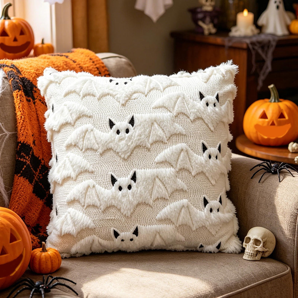 Yeciiwht Halloween Throw Pillow Cover – 18*18inch Embroidered Linen Cushion Case with Ghost, Mummy & Bat Designs, Invisible Zipper, Machine Washable