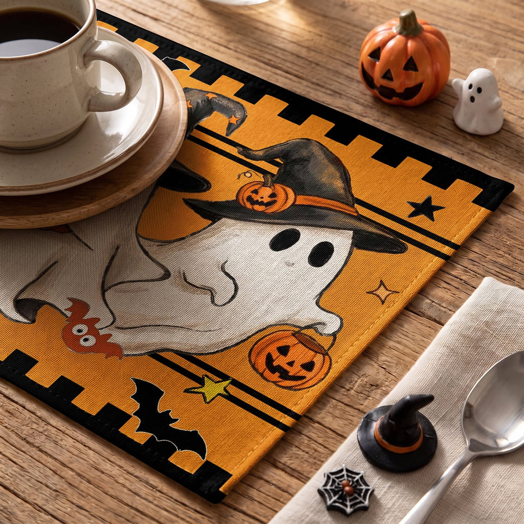 Smile Jack-O'-Lantern Spider Web Halloween Table Placemats Set of 4 Round 15 Inch Black