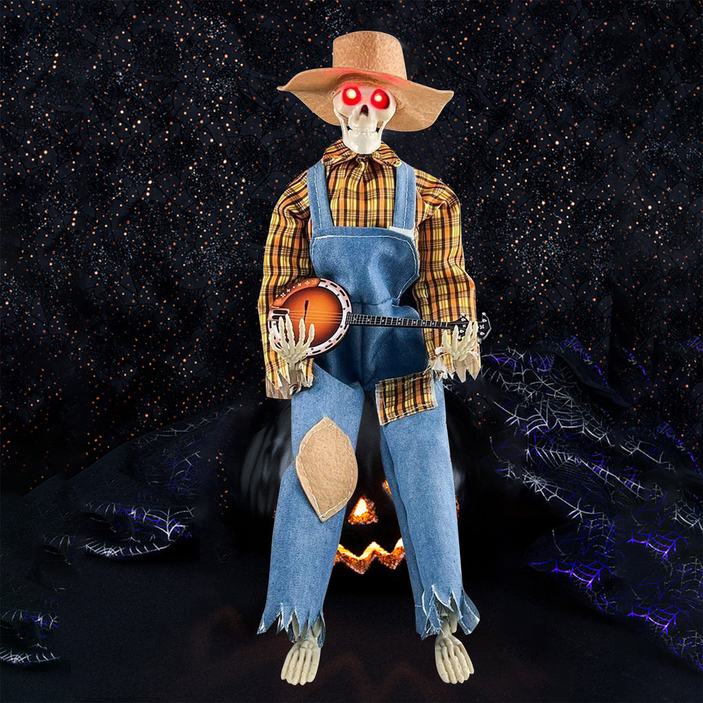 15" Animated Banjo Cowboy Skeletons with Clothes and Hat for Party Shelf Halloween Decorations(Red)