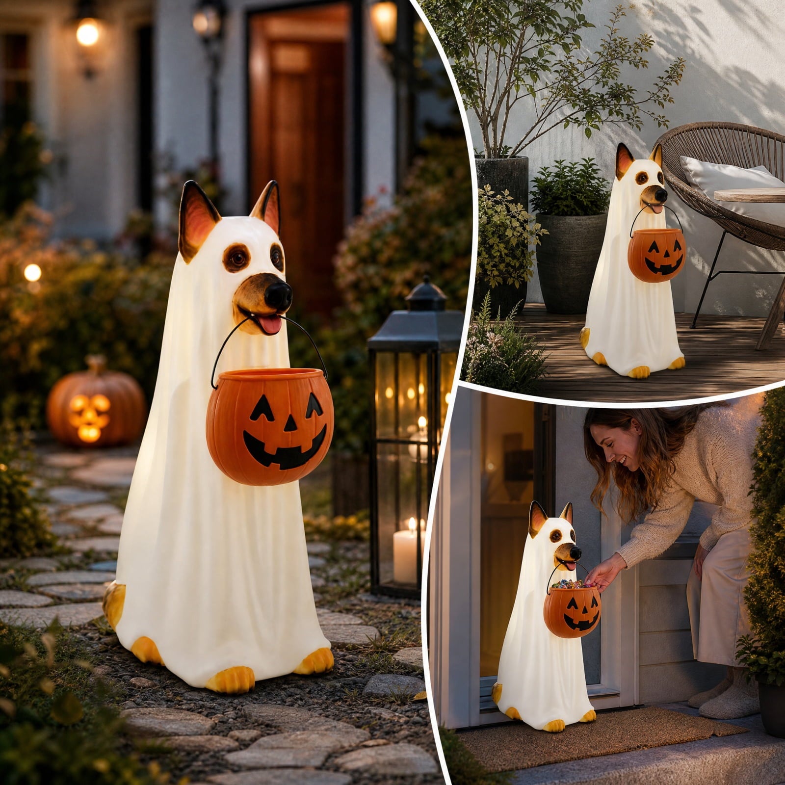 Clearance Halloween Schnauzer Bat Figurine with Ghost Bucket, 8 inch Resin Cute Dog Gifts Tabletop Decor