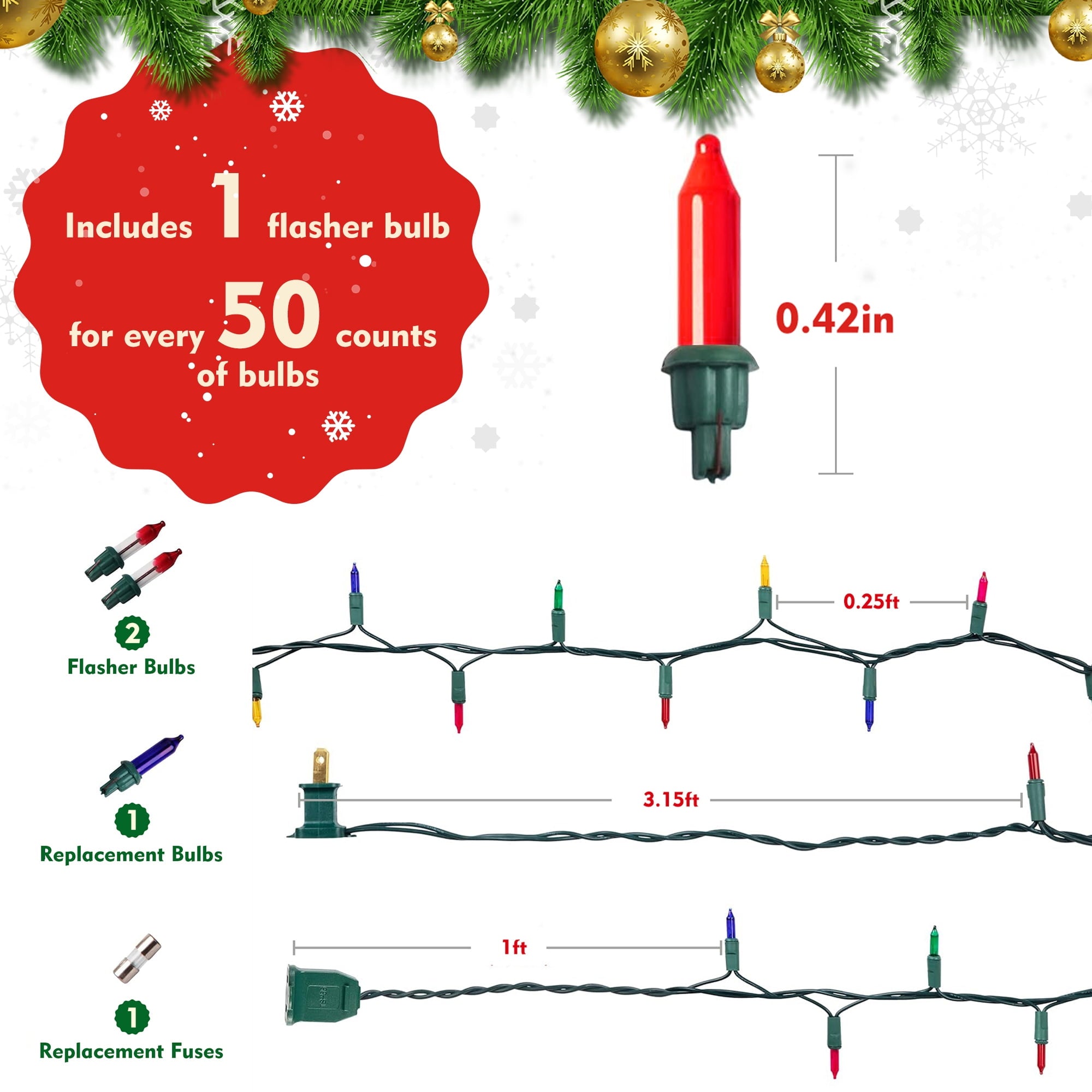 DAYBETTER Christmas String Lights, 16.4ft with 50 Count Mini Lights, Waterproof Christmas Deco Lights for Indoor and Outdoor, Christmas Tree, Garland Birthday
