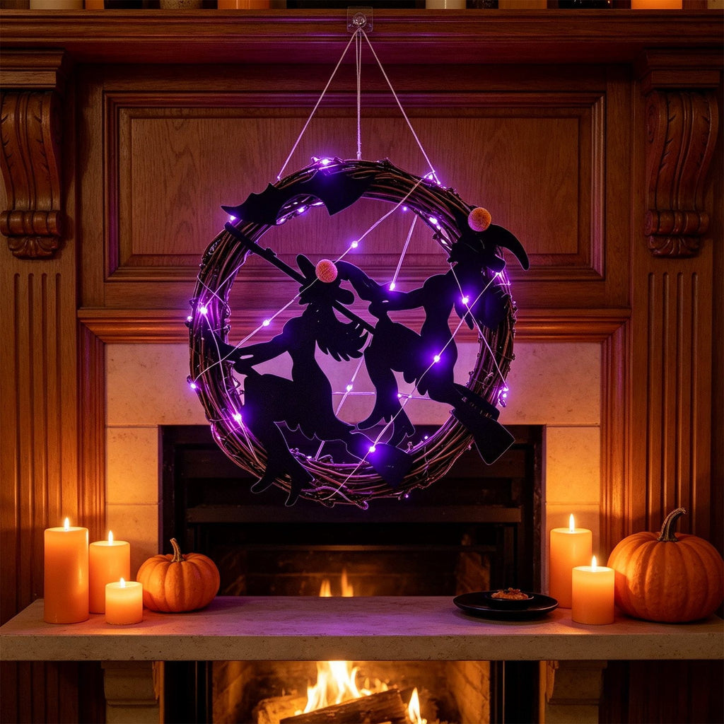 WWC Halloween Wreath, Orange LED Pumpkin and Bats Wreath, Gothic Halloween Decorations Wreath for Front Door, Indoor Outdoor Party Decor