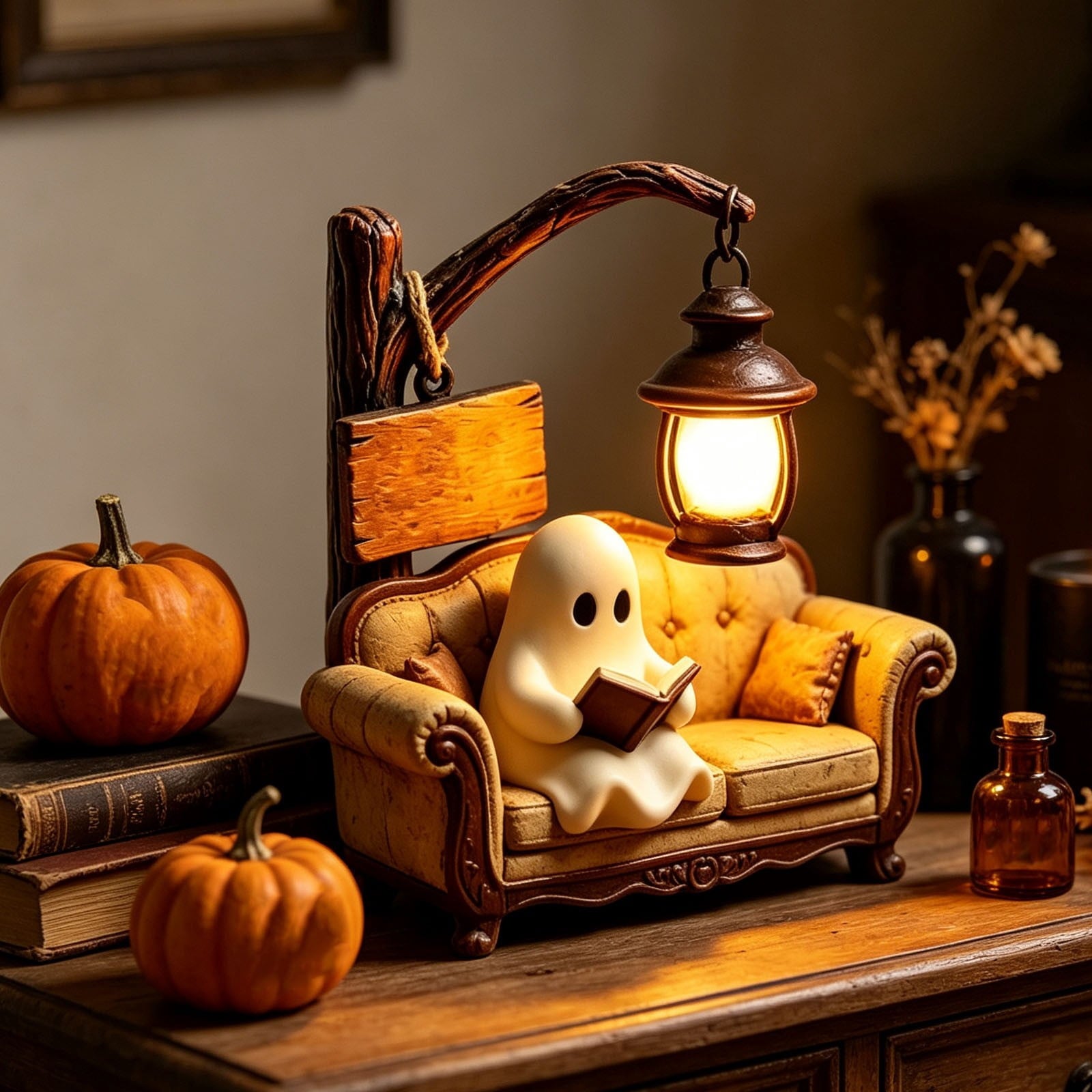 Outdoor Safe Halloween Ghost Figurine With Pumpkin Candy Bowl, Front Porch and Yard Statue, Indoor Outdoor Decorative Ghost for Treats and Decor