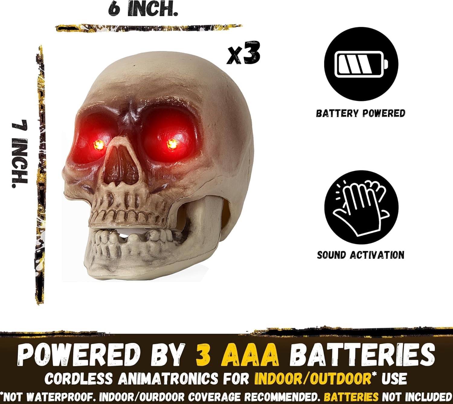 Halloween Animatronics Skull Stakes Pathway Markers, Hanging Animated Decorations, Floating Scary Skeleton with Sound Activated, Talking, Light Up Eyes, Haunted Horror Prop for Indoor, Outdoor (3Pack